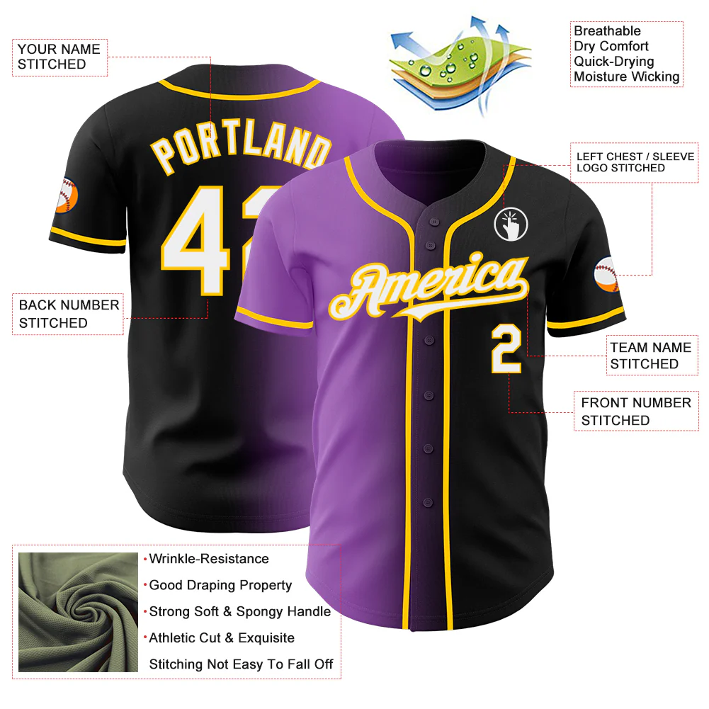 Custom Black White Medium Purple-Yellow Authentic Gradient Fashion Baseball Jersey - Image 3