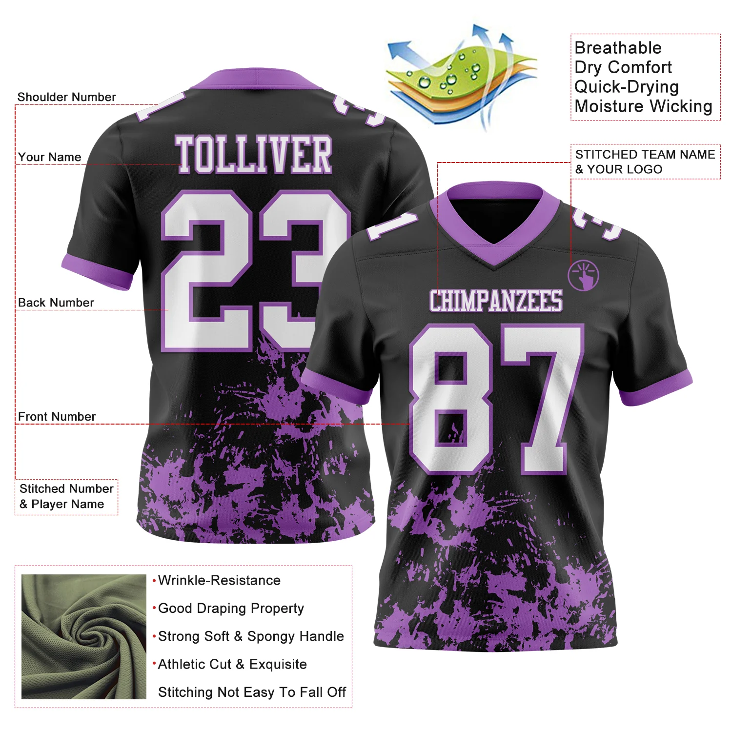Custom Black White-Medium Purple 3D Pattern Splash Authentic Football Jersey - Image 2
