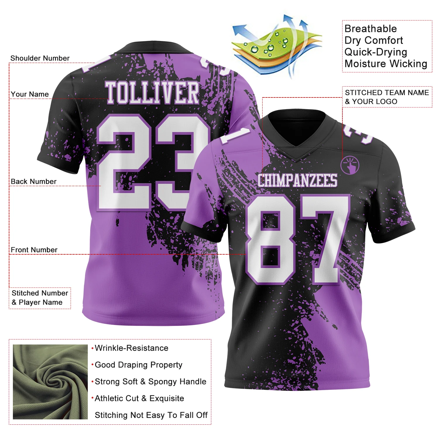 Custom Black White-Medium Purple 3D Pattern Abstract Brush Stroke Authentic Football Jersey - Image 2
