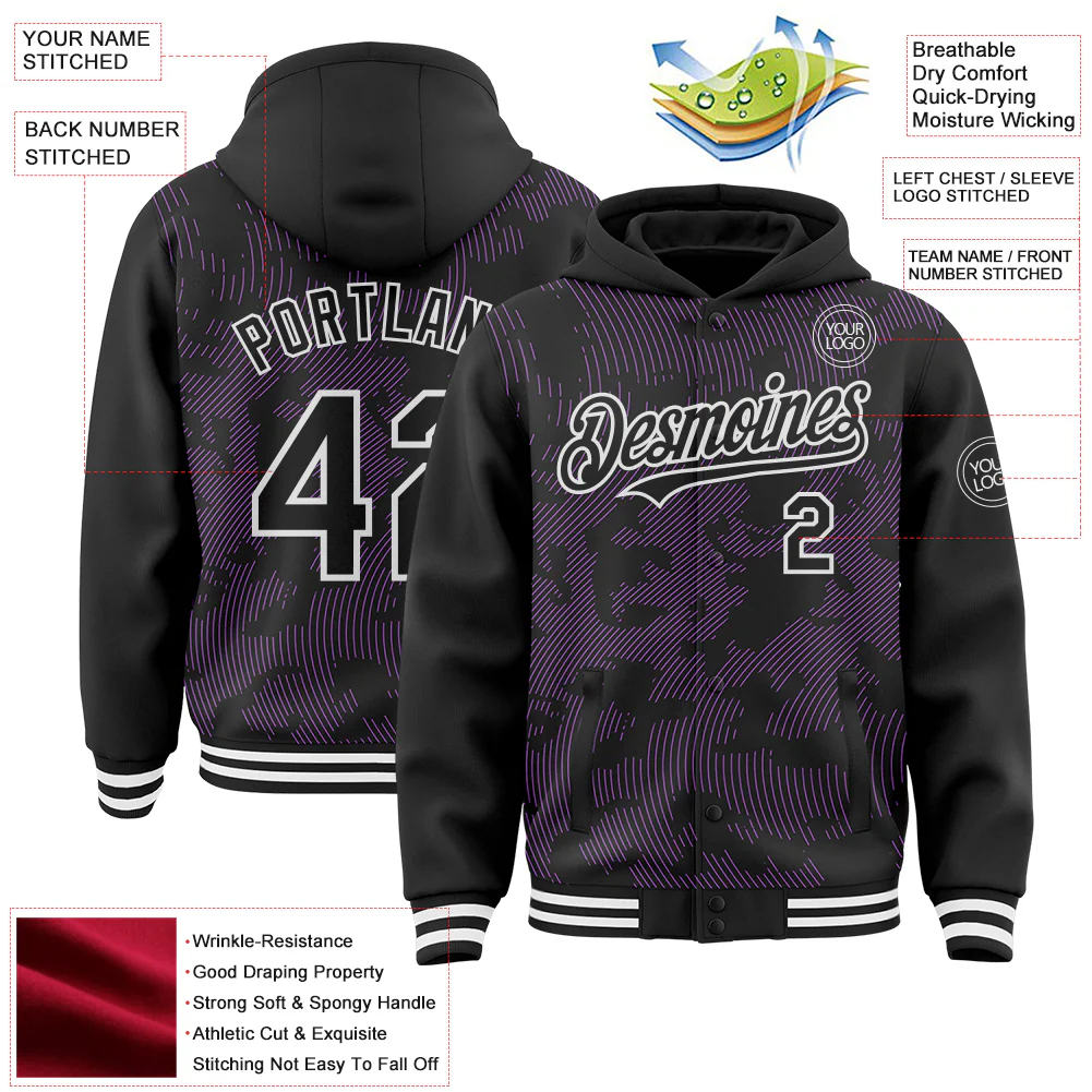 Custom Black Medium Purple-White Curve Lines Bomber Full-Snap Varsity Letterman Hoodie Jacket - Image 4