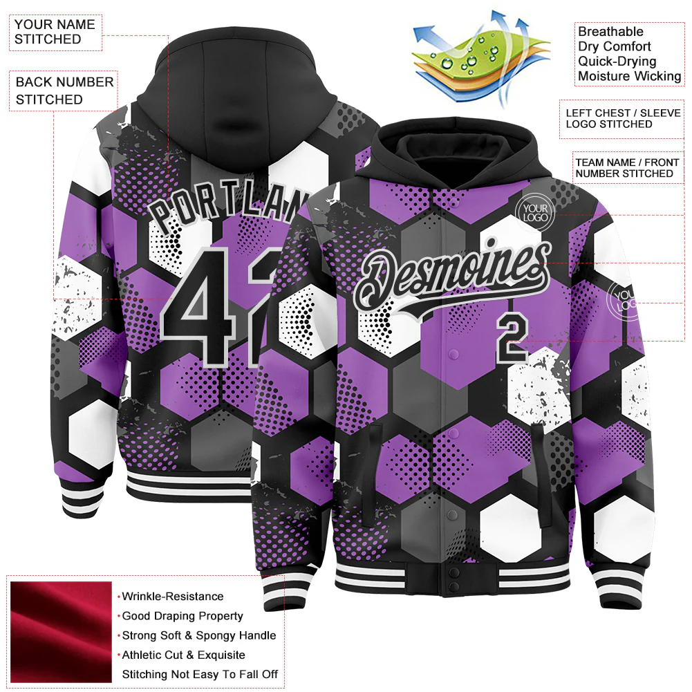 Custom Black Medium Purple-White Geometric Shape Bomber Full-Snap Varsity Letterman Hoodie Jacket - Image 4
