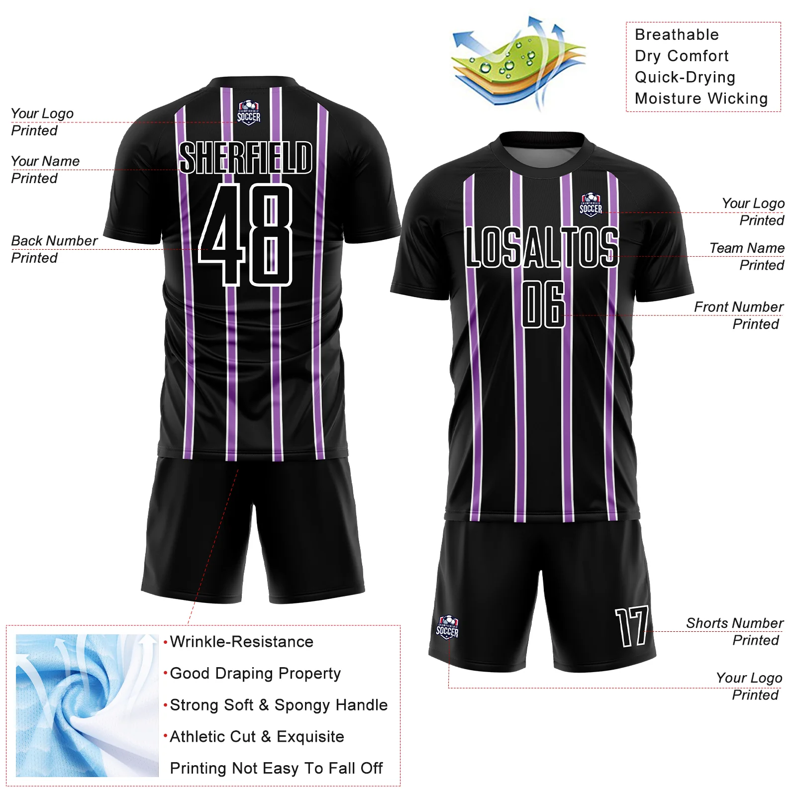 Custom Black Medium Purple-White Stripe Line Sublimation Soccer Uniform Jersey - Image 4
