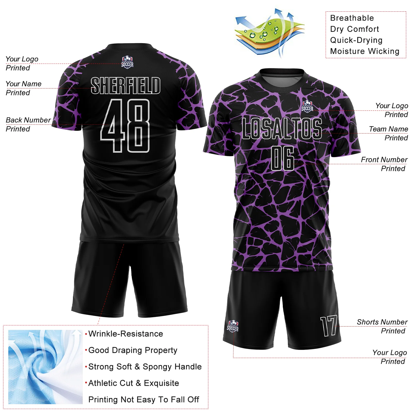 Custom Black Medium Purple-White Abstract Network Splash Sublimation Soccer Uniform Jersey - Image 4