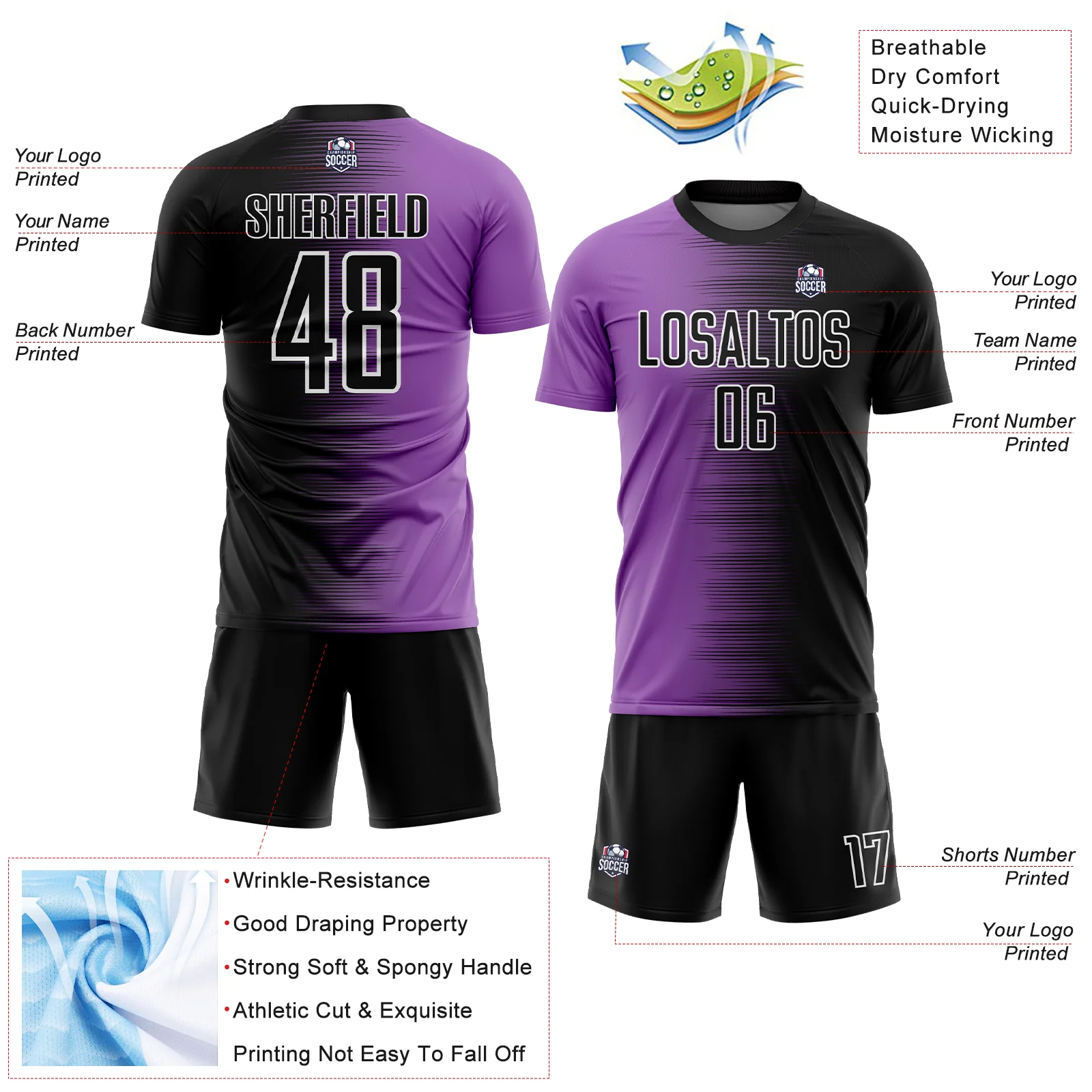 Custom Black Medium Purple-White Gradient Line Sublimation Soccer Uniform Jersey - Image 4