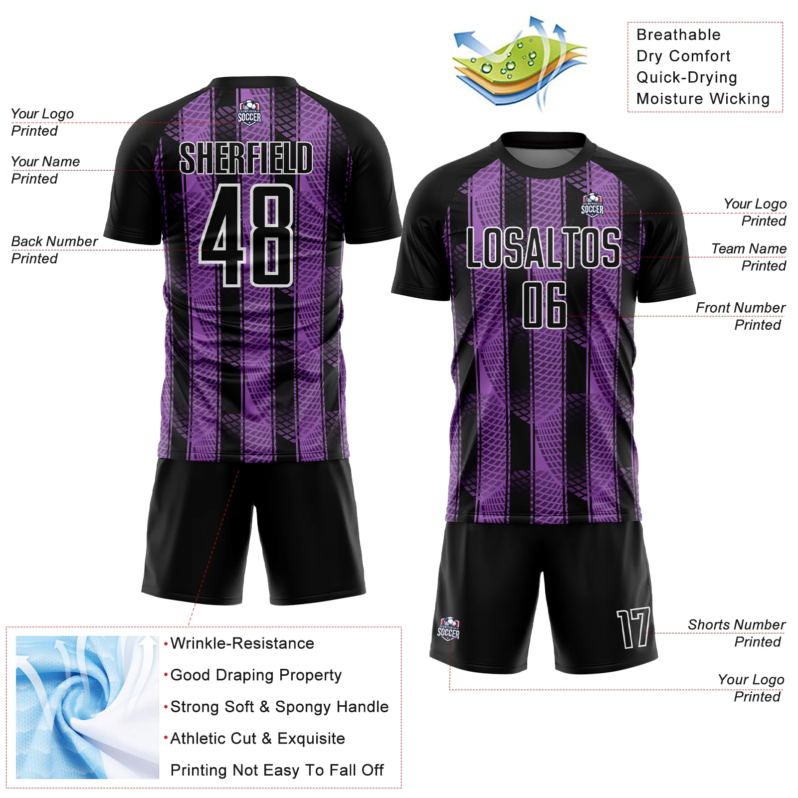 Custom Black Medium Purple-White Abstract Network Sublimation Soccer Uniform Jersey - Image 4