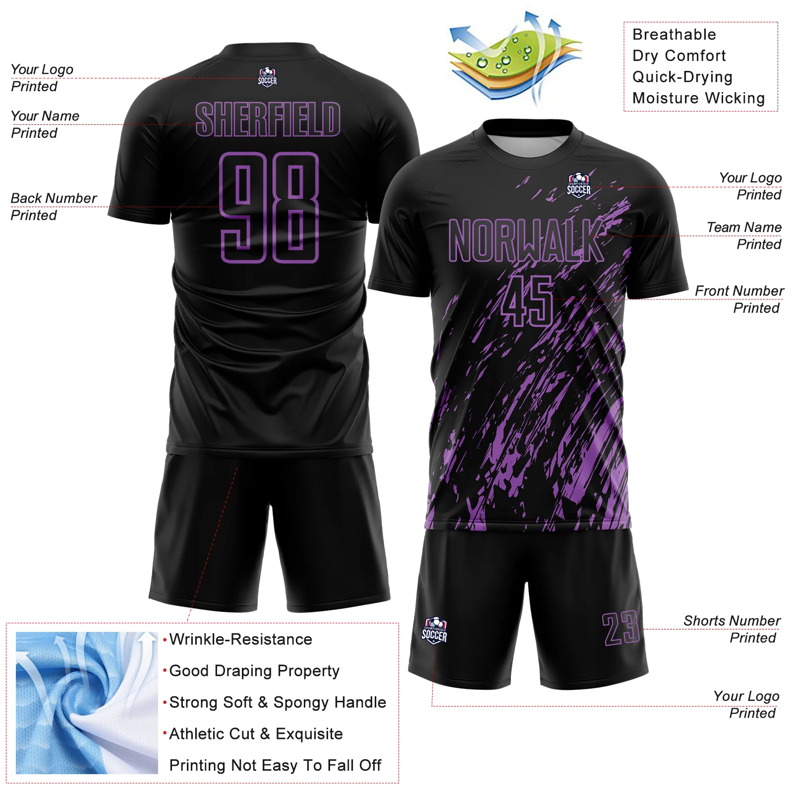 Custom Black Medium Purple Splash Sublimation Soccer Uniform Jersey - Image 4