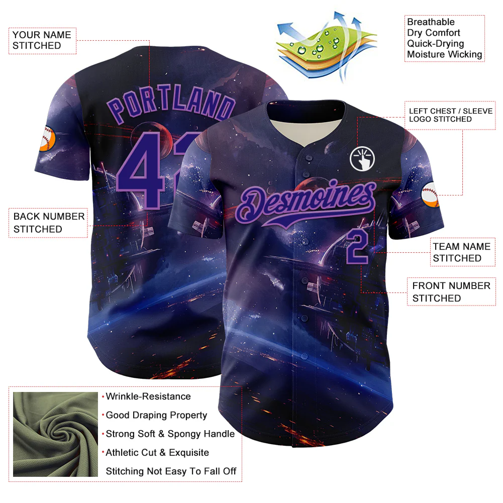 Custom Blue Dark Purple-Medium Purple 3D Pattern Design Outer Space Starships Authentic Baseball Jersey - Image 3