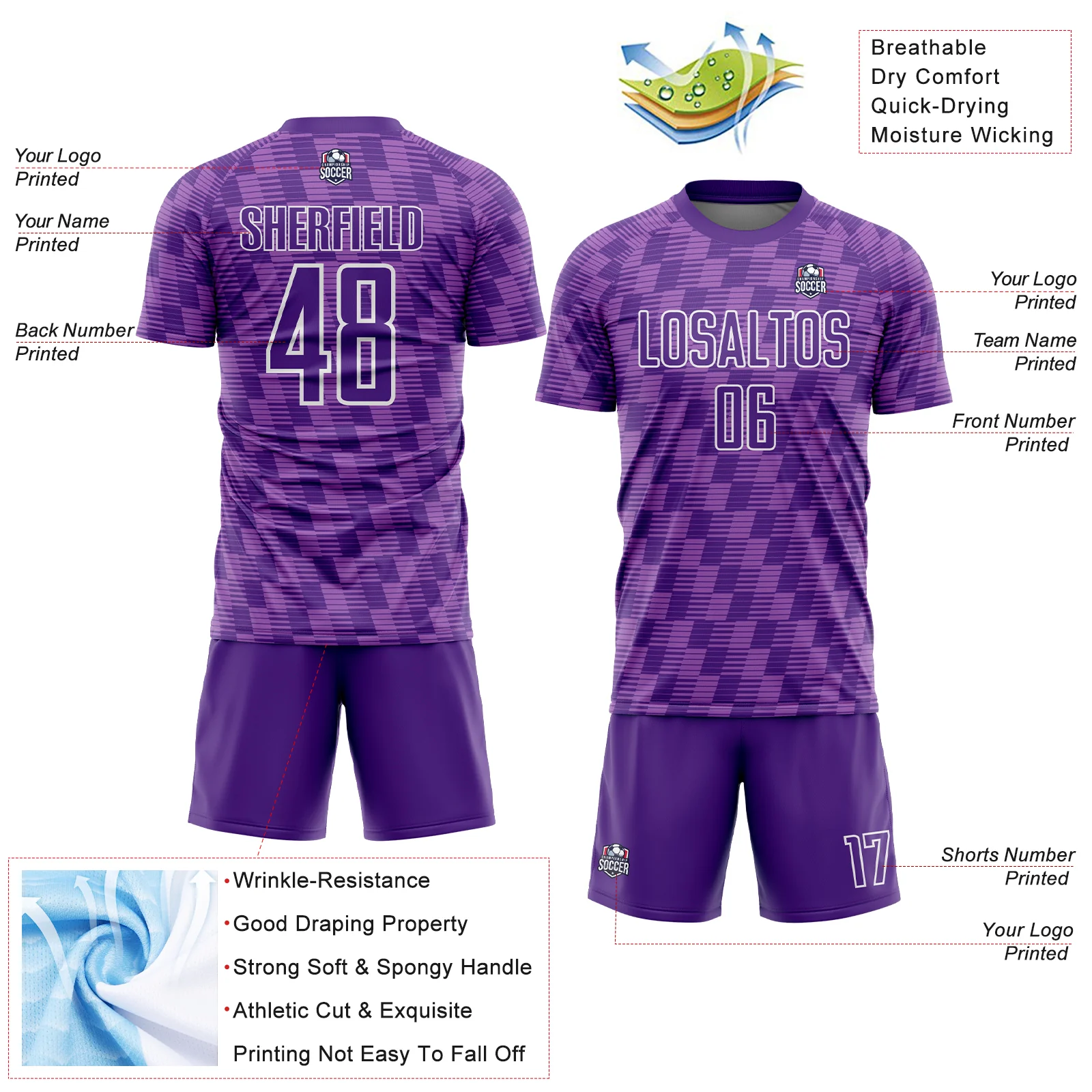 Custom Purple Medium Purple-White Line Sublimation Soccer Uniform Jersey - Image 4