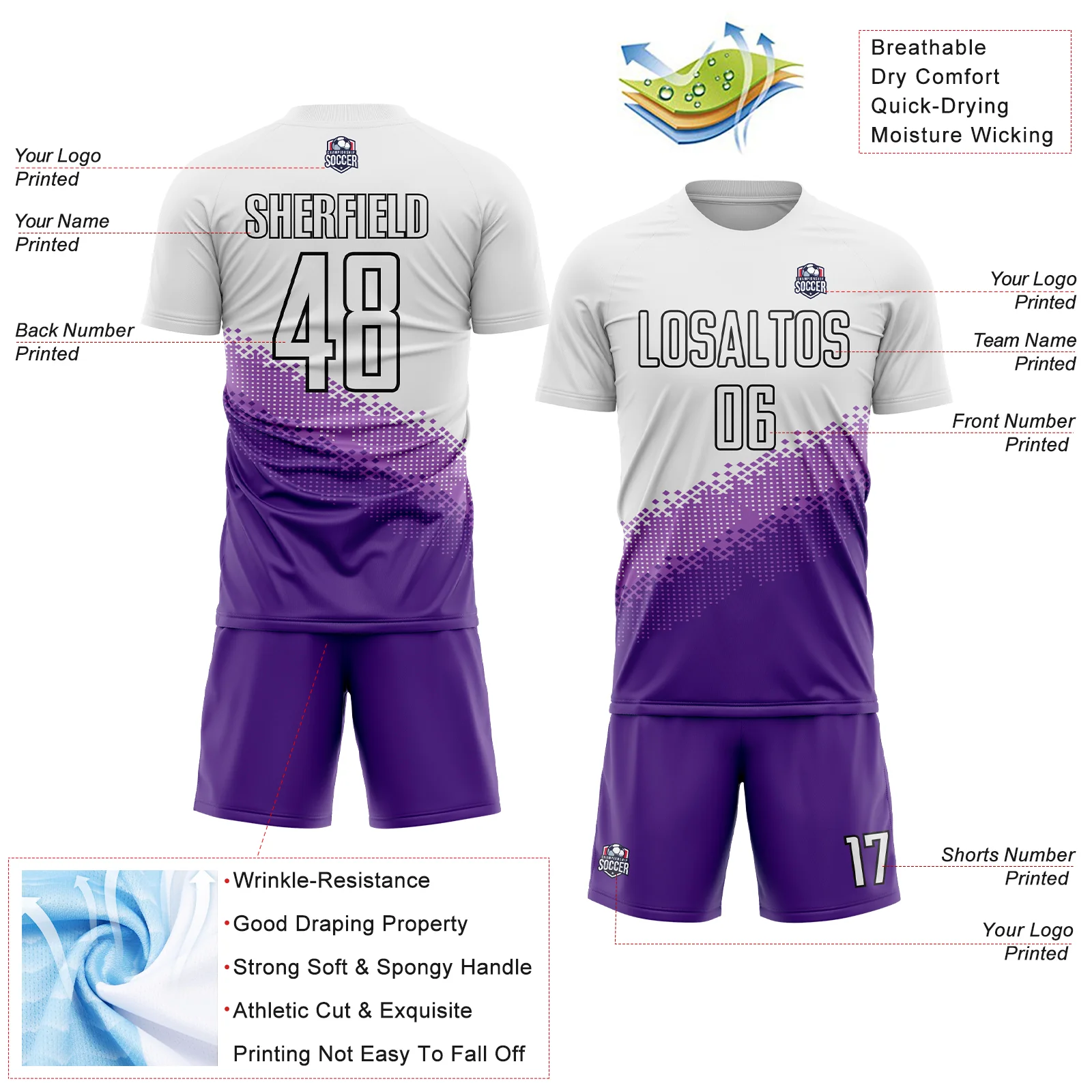 Custom White Medium Purple Purple-Black Gradient Geometric Shape Sublimation Soccer Uniform Jersey - Image 4