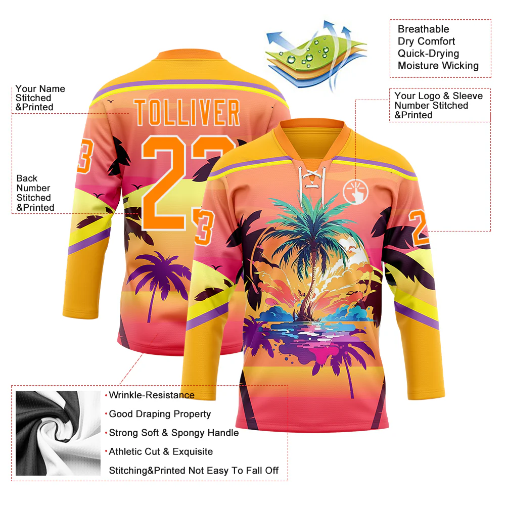 Custom Yellow Bay Orange Medium Purple-White Gradient Hawaii Tropical Palm Trees Hockey Lace Neck Jersey - Image 4