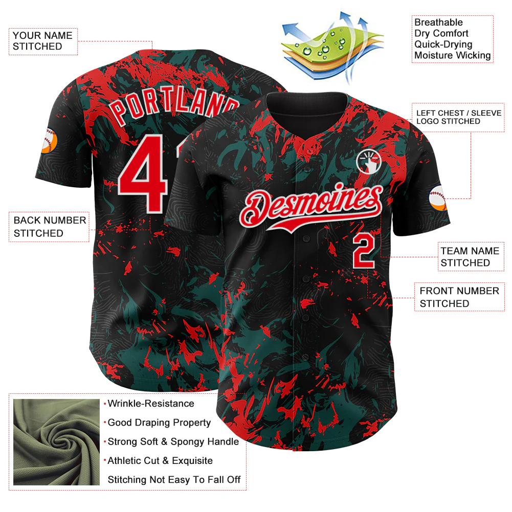Custom Black Fire Red Midnight Green-White Splash Authentic Baseball Jersey - Image 3