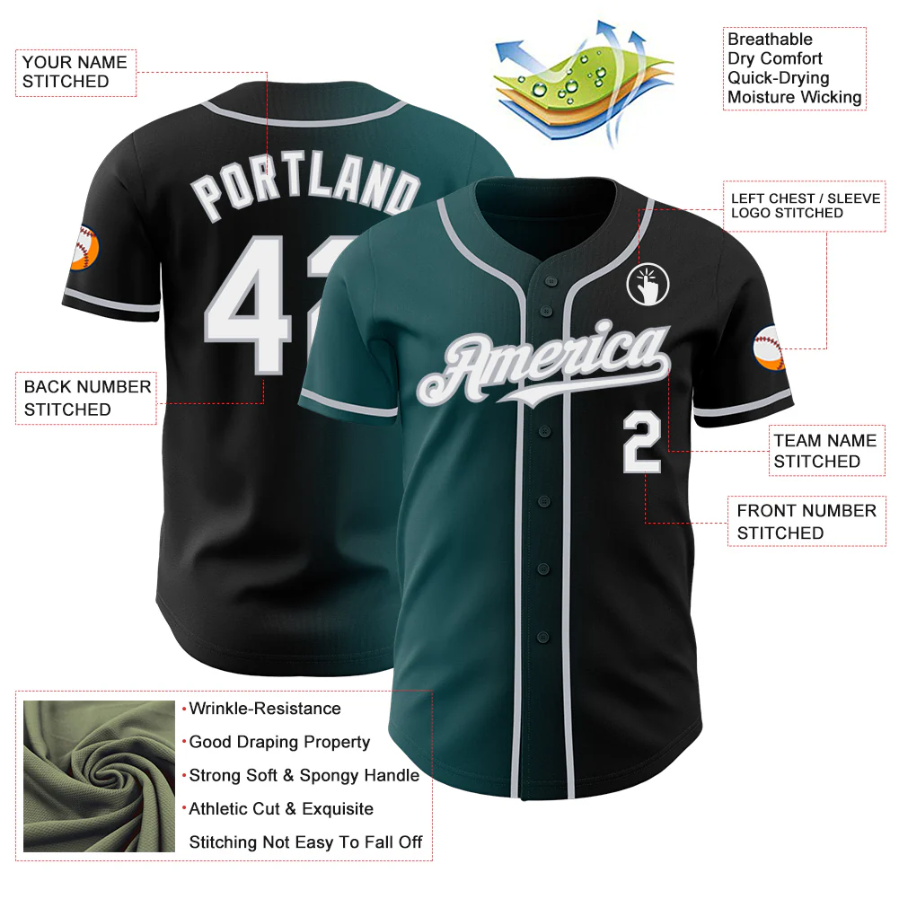 Custom Black White Midnight Green-Gray Authentic Gradient Fashion Baseball Jersey - Image 3