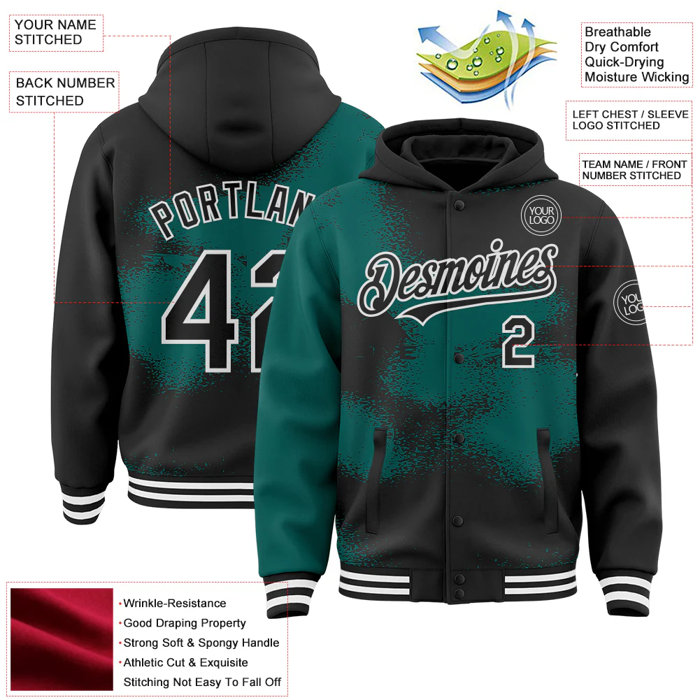 Custom Black Midnight Green-White Abstract Color Blocks Fragment Pattern Bomber Full-Snap Varsity Letterman Hoodie Jacket - Image 4