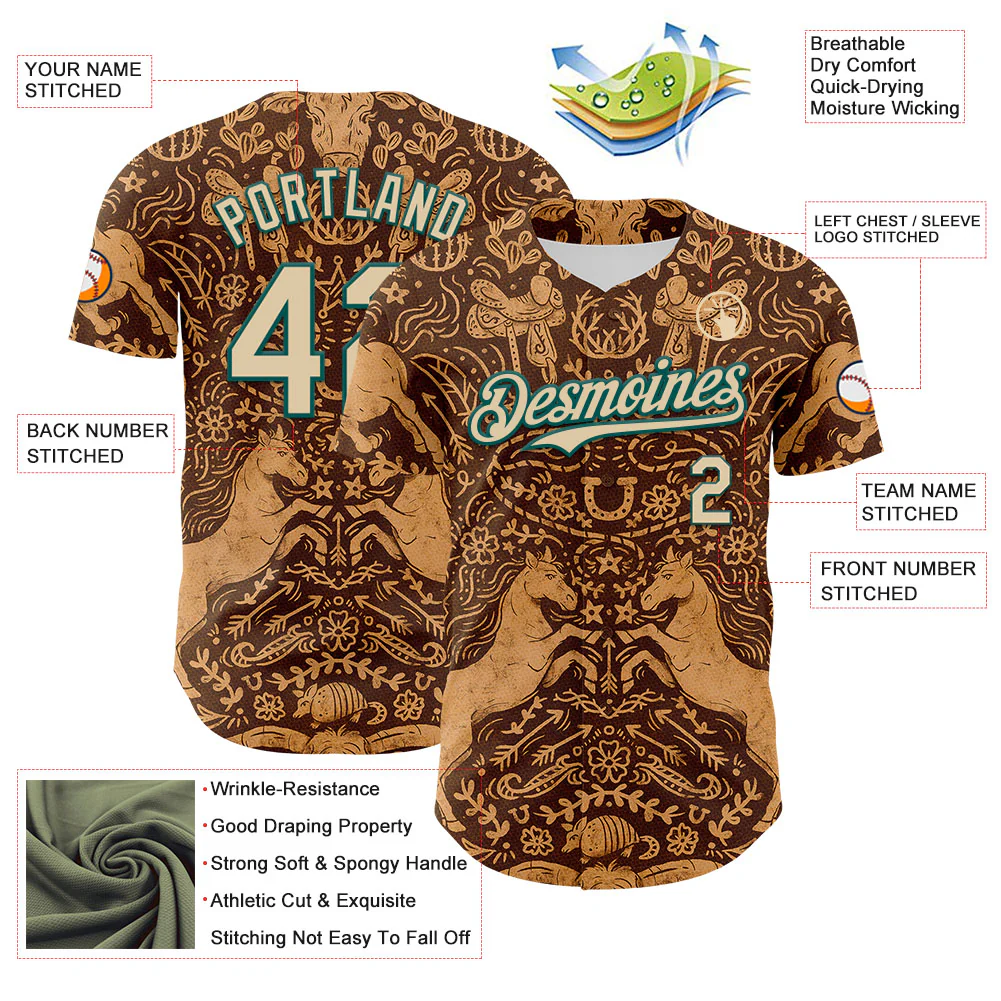 Custom Brown City Cream-Midnight Green 3D Emi Bee Cowpoke Damask Authentic Baseball Jersey - Image 3