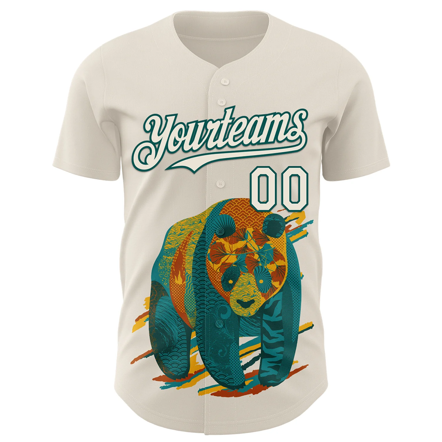 Custom Cream Cream-Midnight Green 3D Tobe Fonseca Colorful Tattooed Panda Textures Authentic Baseball Jersey - Image 2