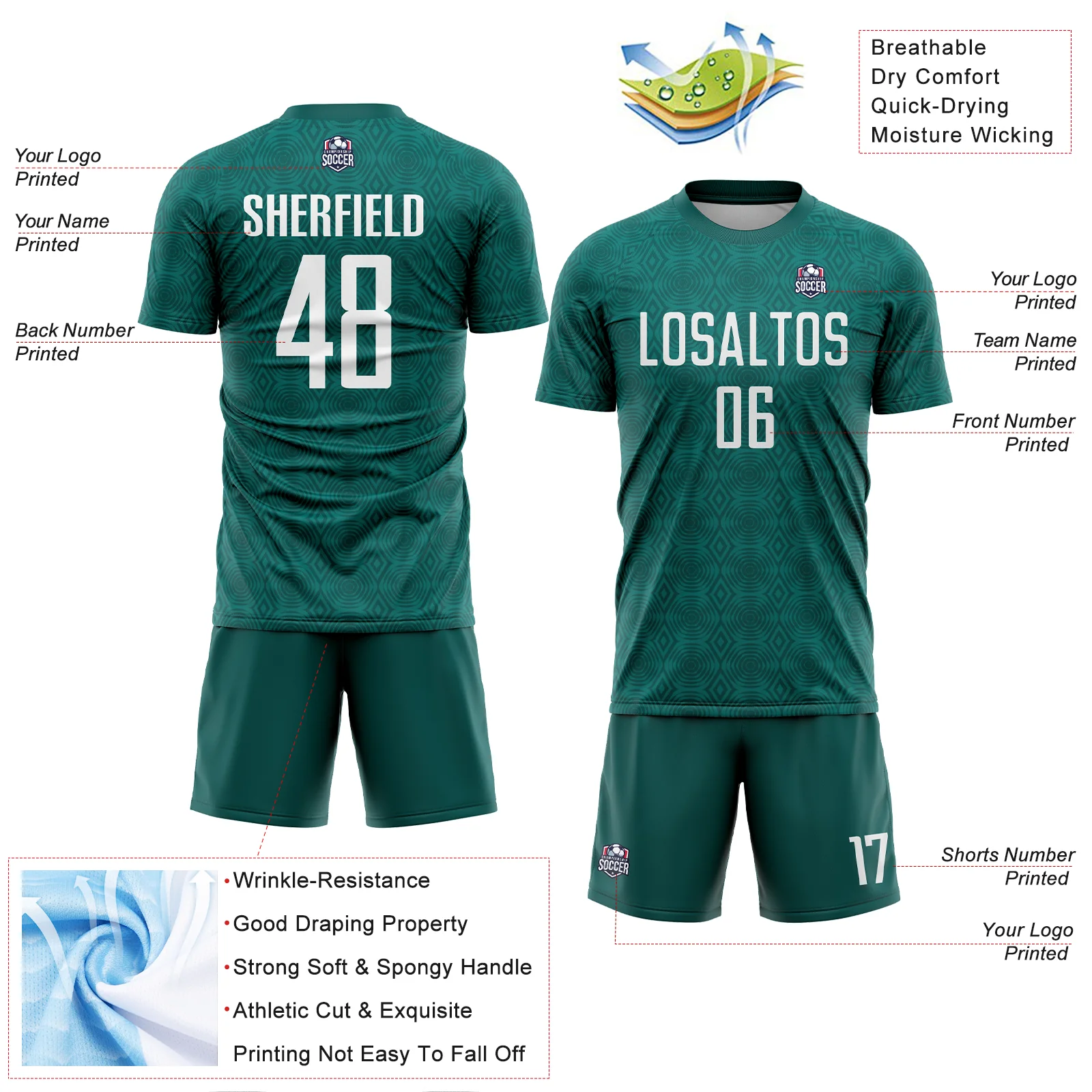 Custom Midnight Green White Geometric Shapes Sublimation Soccer Uniform Jersey - Image 4