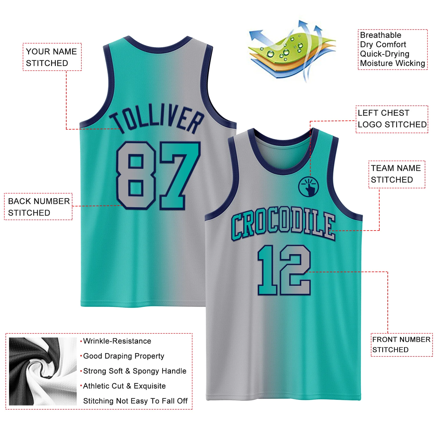 Custom Aqua Gray-Navy Authentic Gradient Fashion Basketball Jersey - Image 3