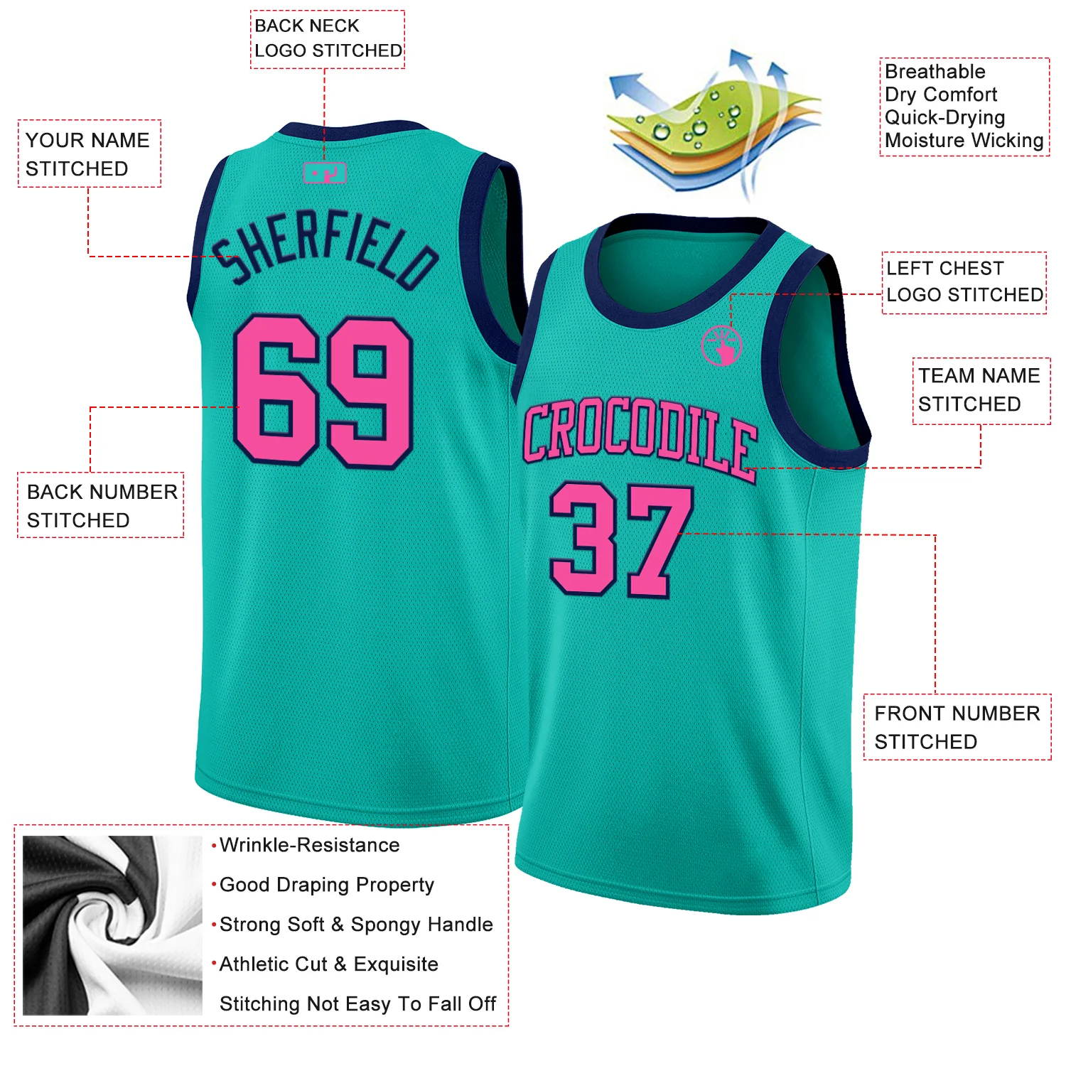 Custom Aqua Pink-Navy Authentic Basketball Jersey - Image 2