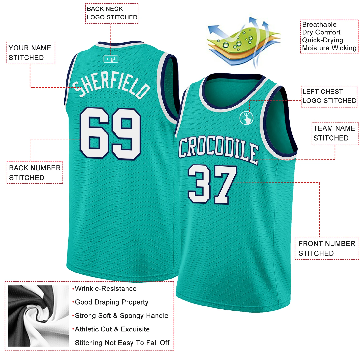 Custom Aqua White-Navy Authentic Basketball Jersey - Image 2
