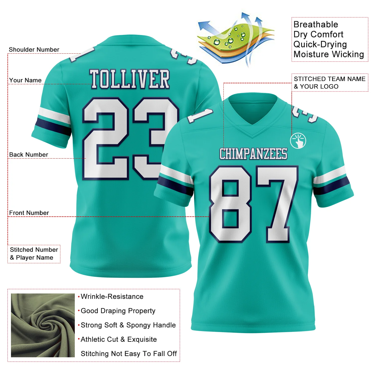 Custom Aqua White-Navy Authentic Football Jersey - Image 3