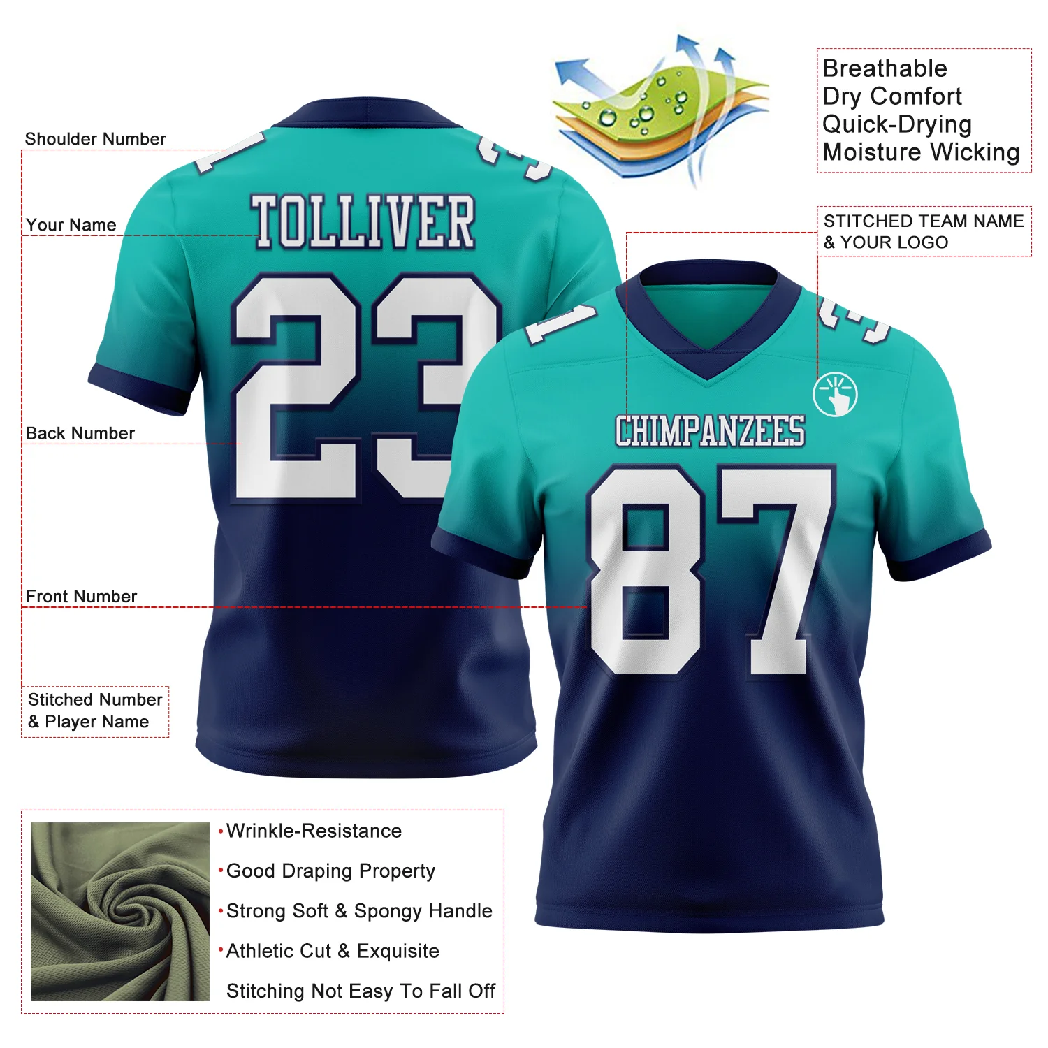 Custom Aqua White-Navy Authentic Fade Fashion Football Jersey - Image 2