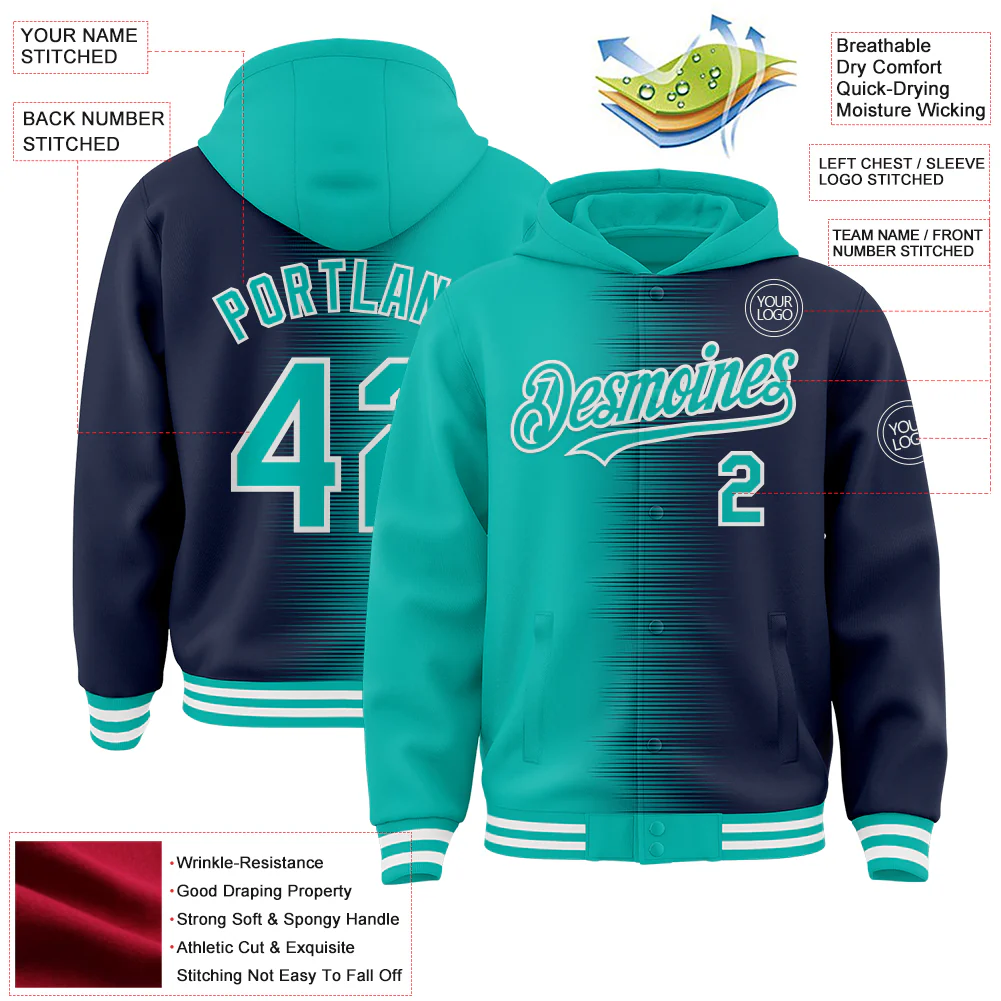 Custom Aqua Navy-White Gradient Line Bomber Full-Snap Varsity Letterman Hoodie Jacket - Image 4