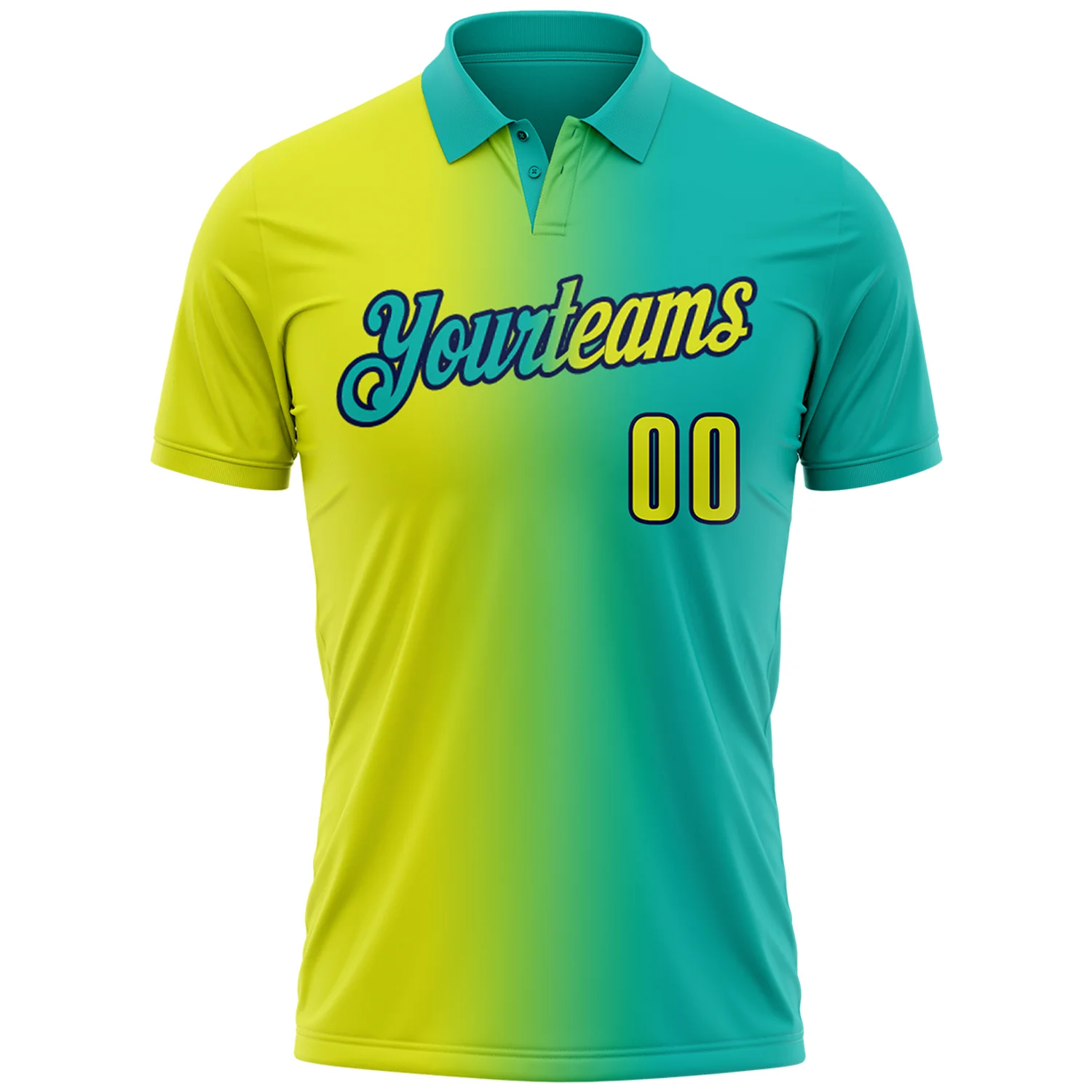 Custom Aqua Neon Yellow-Navy 3D Gradient Fashion Performance Polo Shirt - Image 2