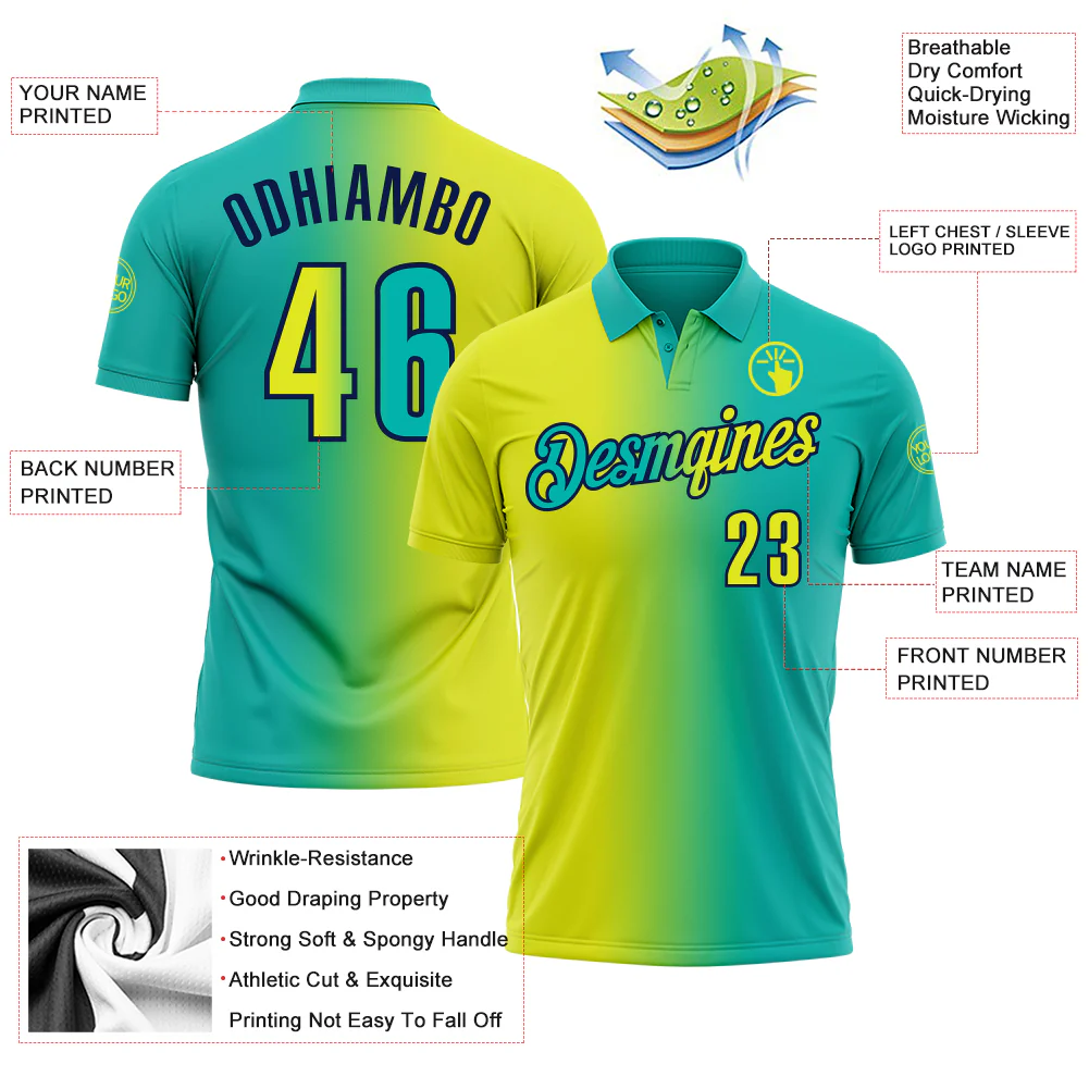 Custom Aqua Neon Yellow-Navy 3D Gradient Fashion Performance Polo Shirt - Image 3