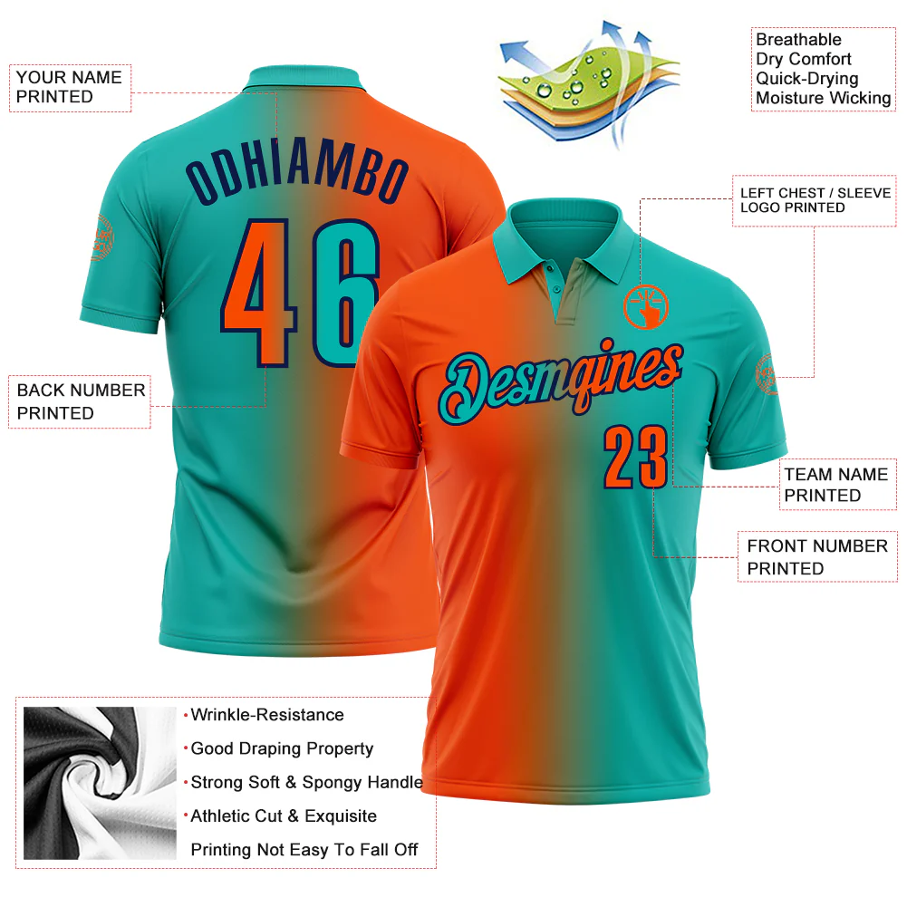 Custom Aqua Orange-Navy 3D Gradient Fashion Performance Polo Shirt - Image 3