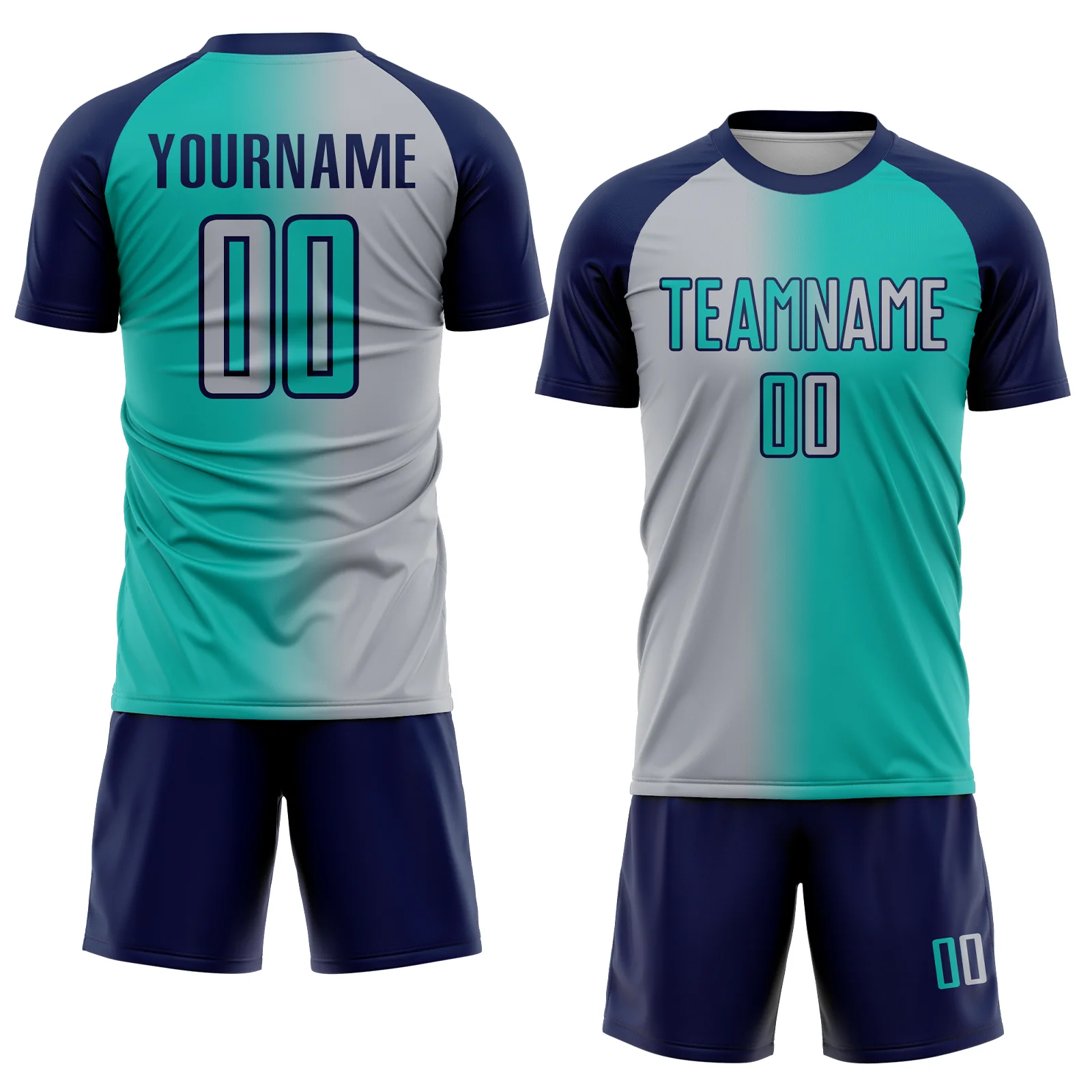 Custom Aqua Gray-Navy Sublimation Gradient Fashion Soccer Uniform Jersey - Image 2