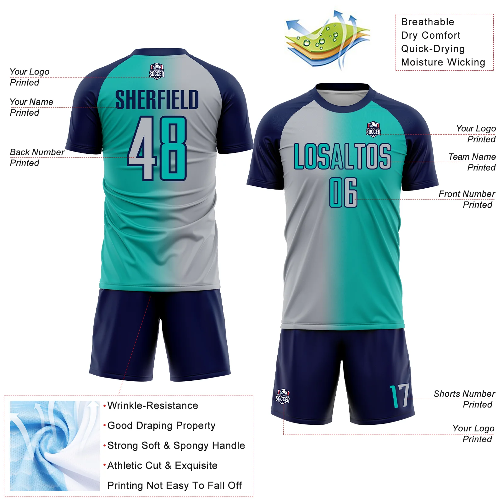 Custom Aqua Gray-Navy Sublimation Gradient Fashion Soccer Uniform Jersey - Image 4