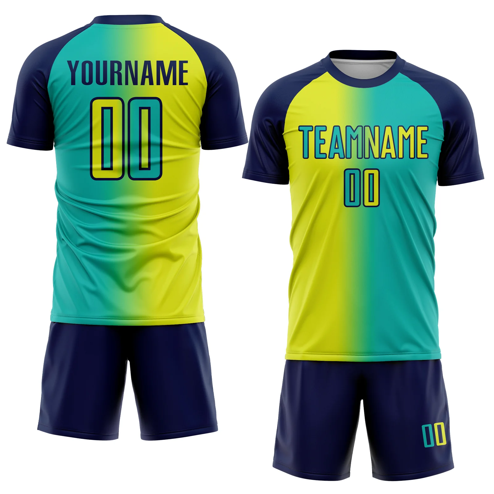 Custom Aqua Neon Yellow-Navy Sublimation Gradient Fashion Soccer Uniform Jersey - Image 2