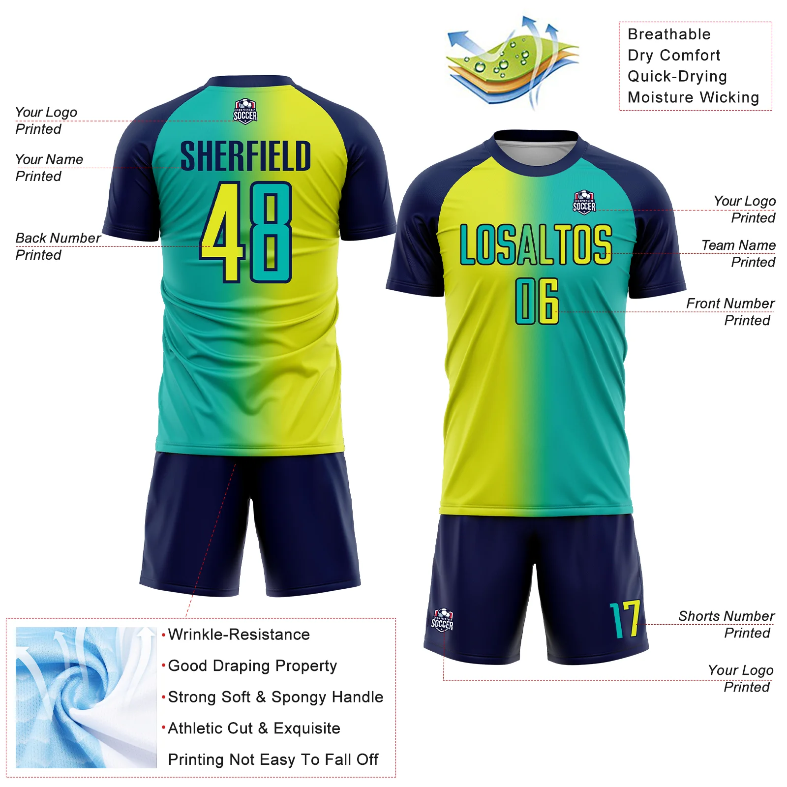 Custom Aqua Neon Yellow-Navy Sublimation Gradient Fashion Soccer Uniform Jersey - Image 4
