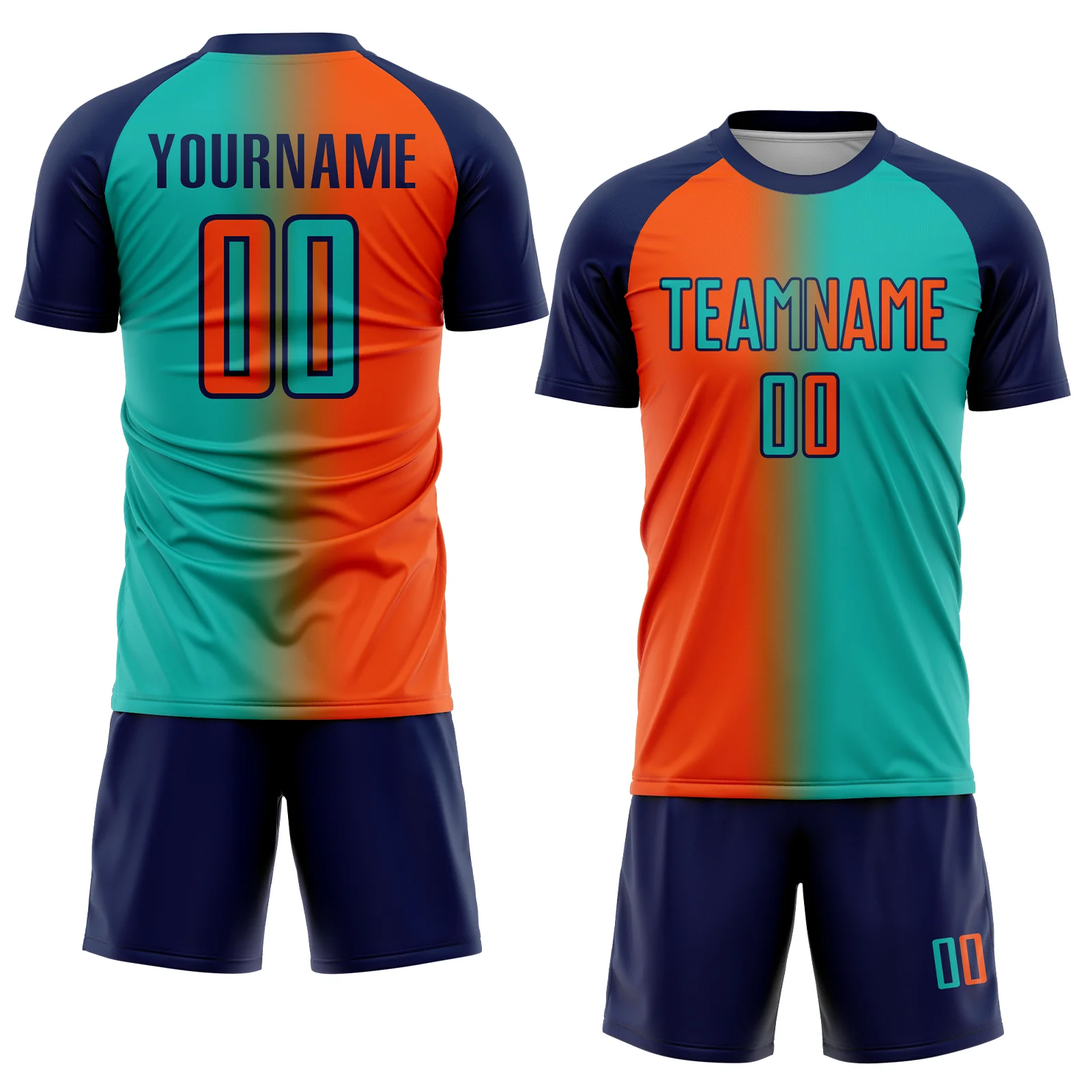 Custom Aqua Orange-Navy Sublimation Gradient Fashion Soccer Uniform Jersey - Image 2