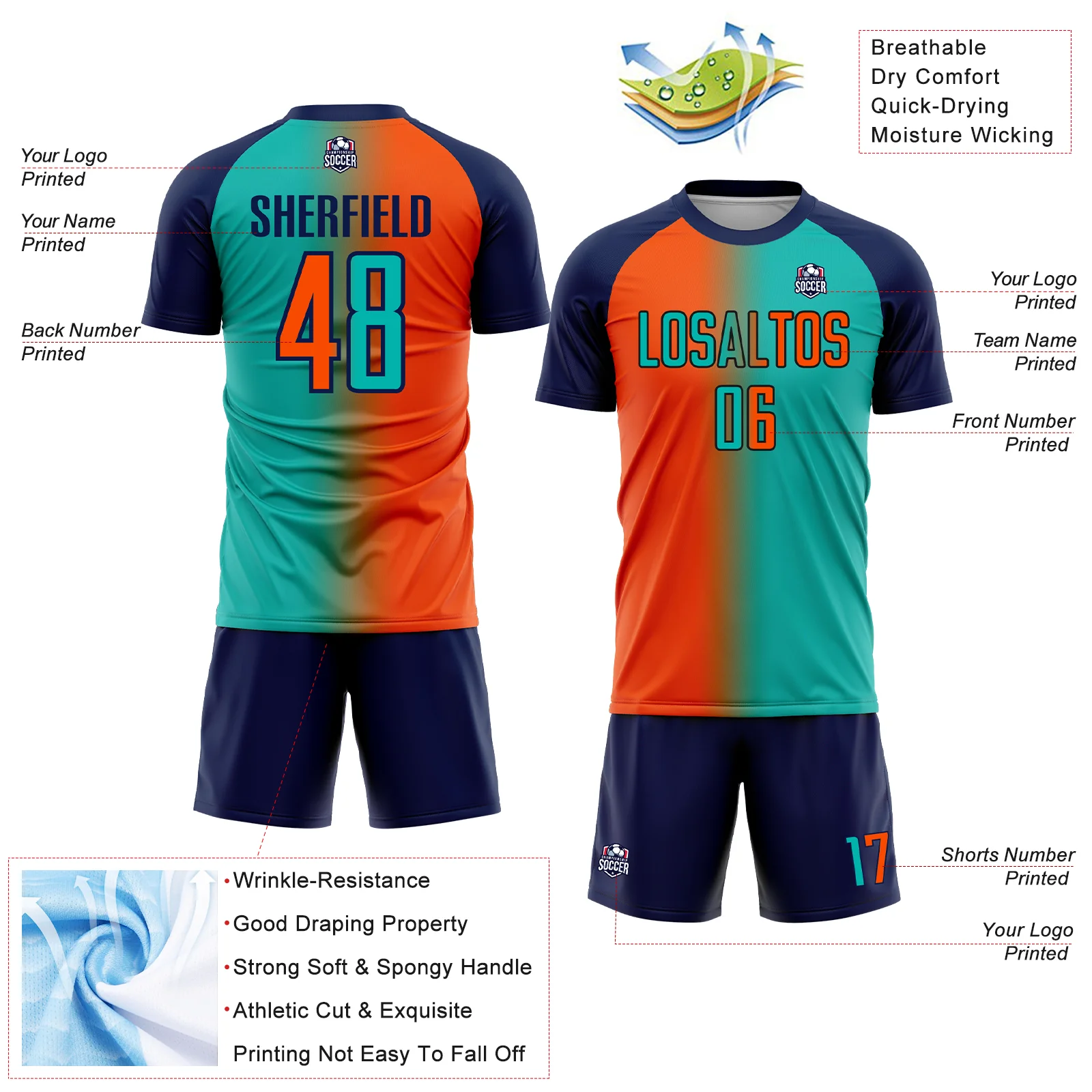 Custom Aqua Orange-Navy Sublimation Gradient Fashion Soccer Uniform Jersey - Image 4