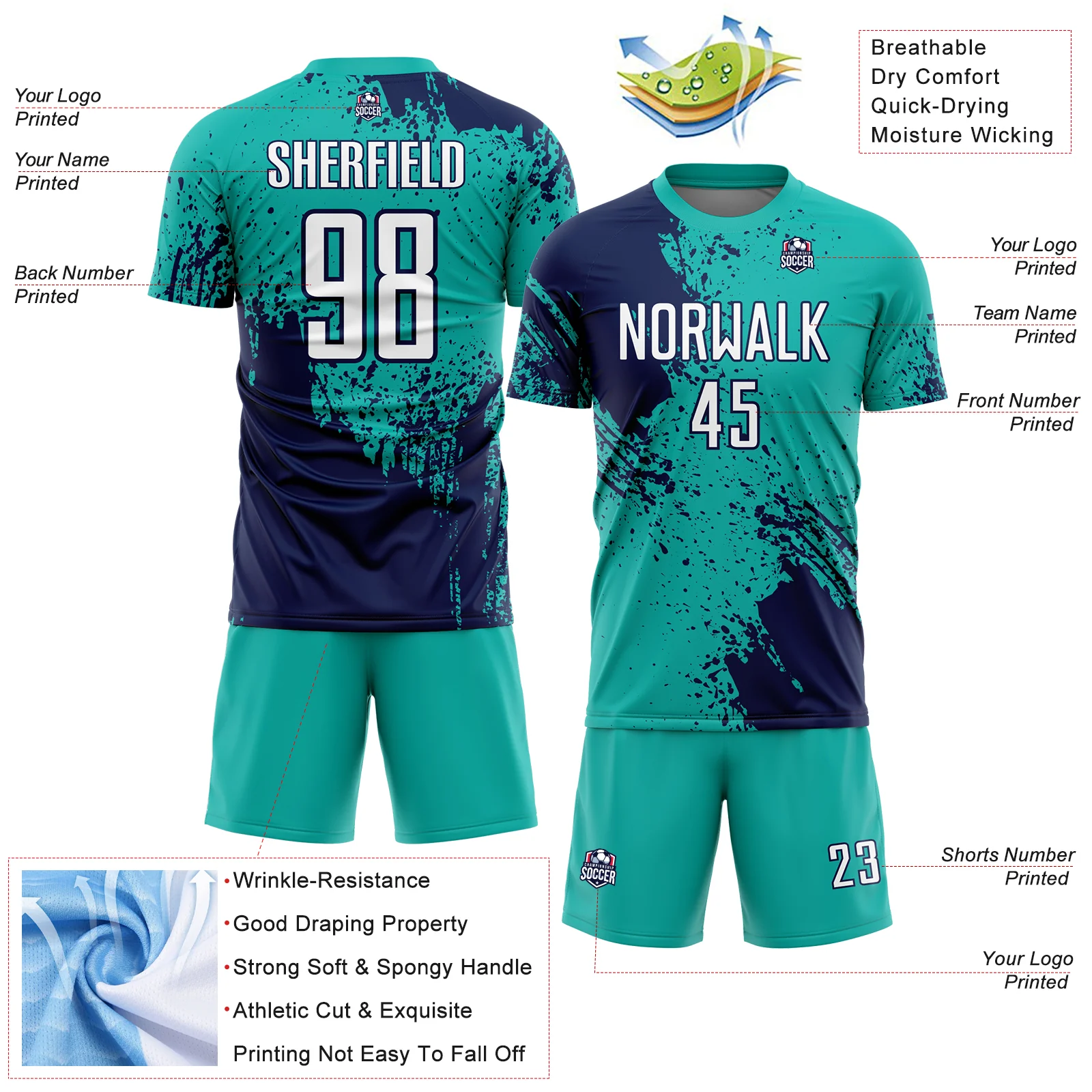 Custom Aqua White-Navy Abstract Brush Stroke Sports Sublimation Soccer Uniform Jersey - Image 4