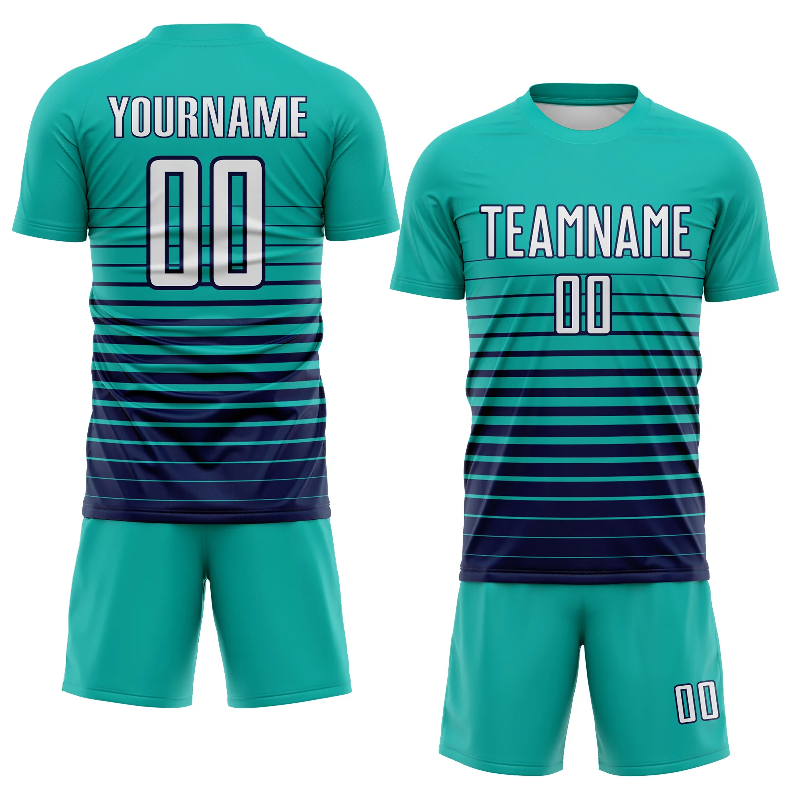 Custom Aqua White-Navy Gradient Pinstripe Sublimation Soccer Uniform Jersey - Image 2