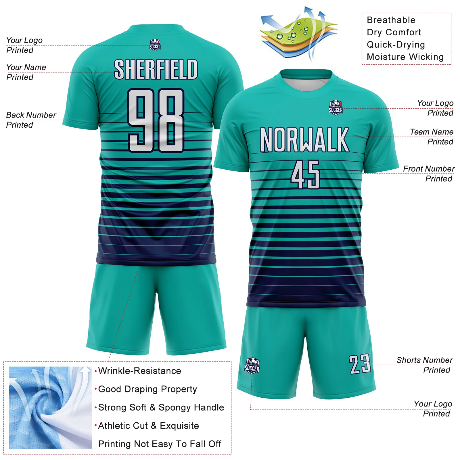 Custom Aqua White-Navy Gradient Pinstripe Sublimation Soccer Uniform Jersey - Image 4