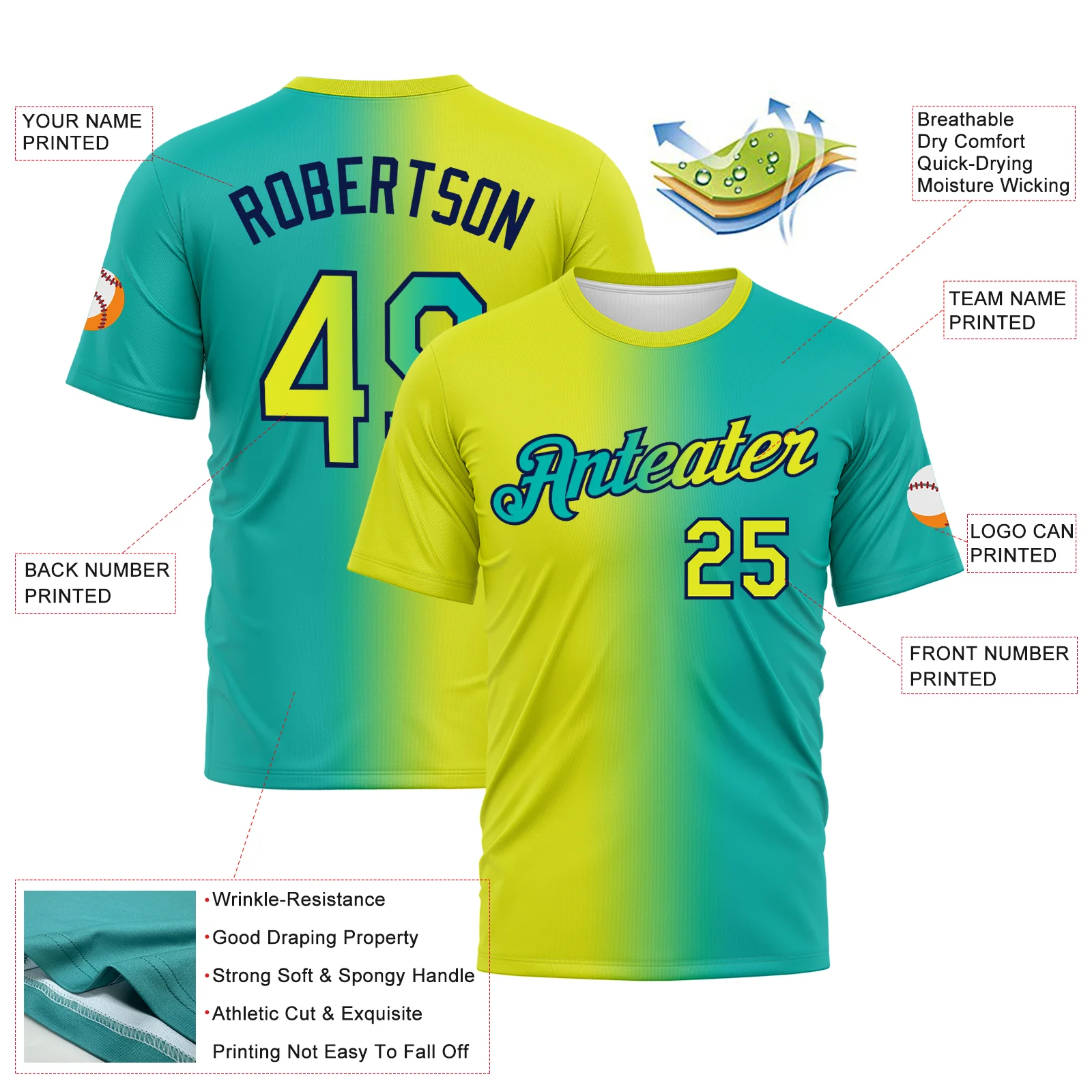 Custom Aqua Neon Yellow-Navy Gradient Fashion Performance T-Shirt - Image 3