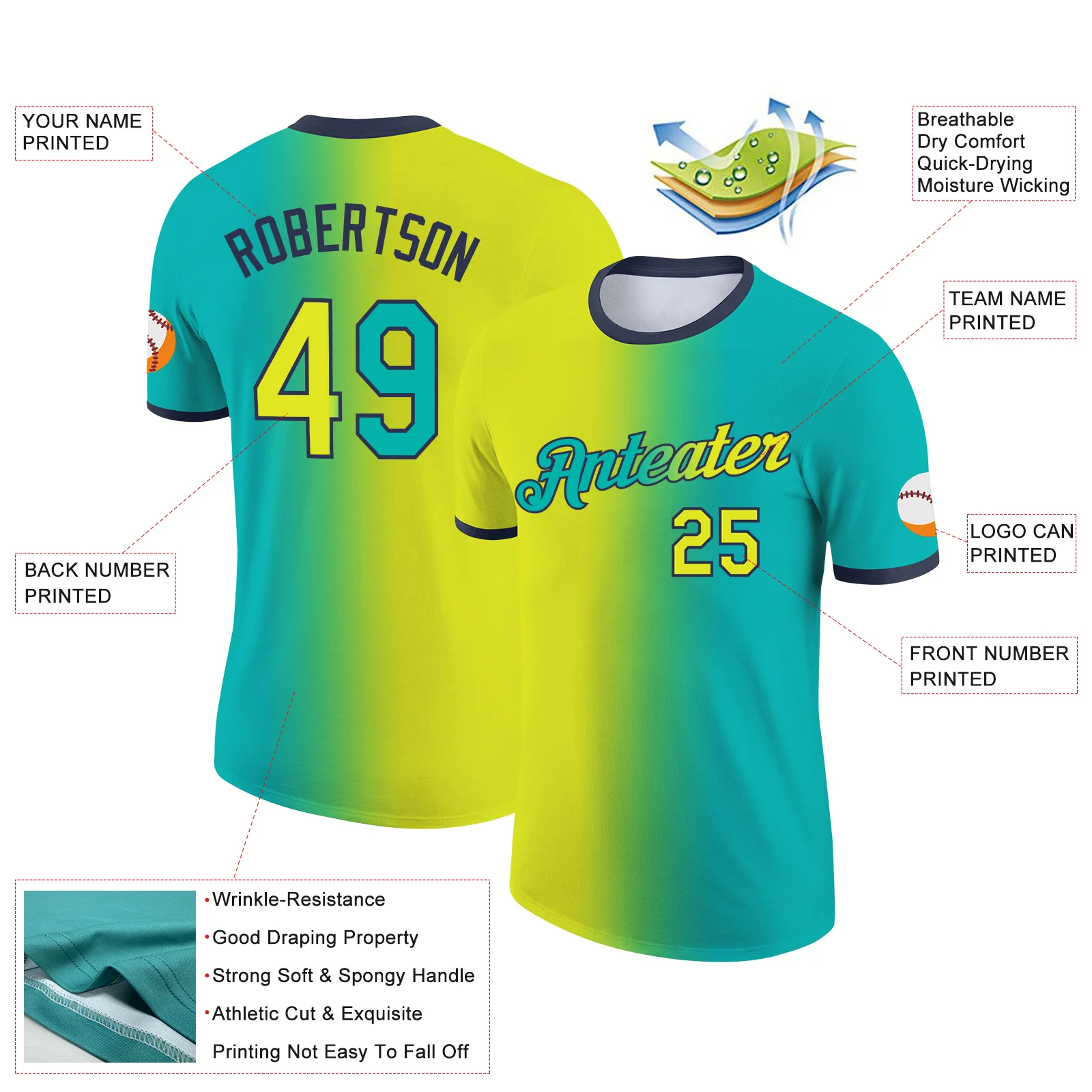 Custom Aqua Neon Yellow-Navy Gradient Fashion Performance T-Shirt - Image 2