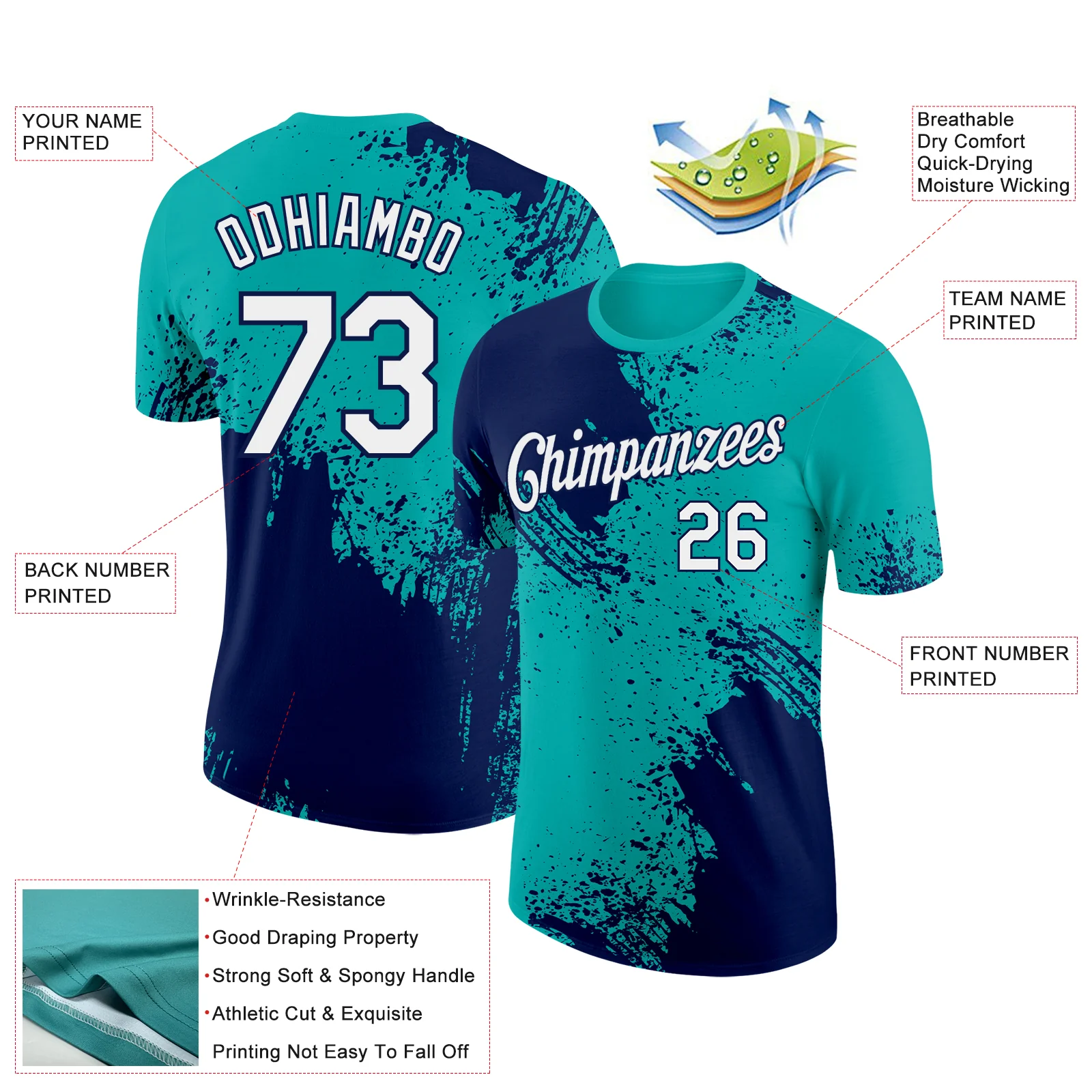 Custom Aqua White-Navy 3D Pattern Design Abstract Brush Stroke Performance T-Shirt - Image 2