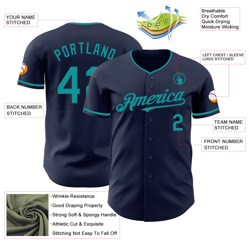 Custom Navy Teal Authentic Baseball Jersey - Image 3