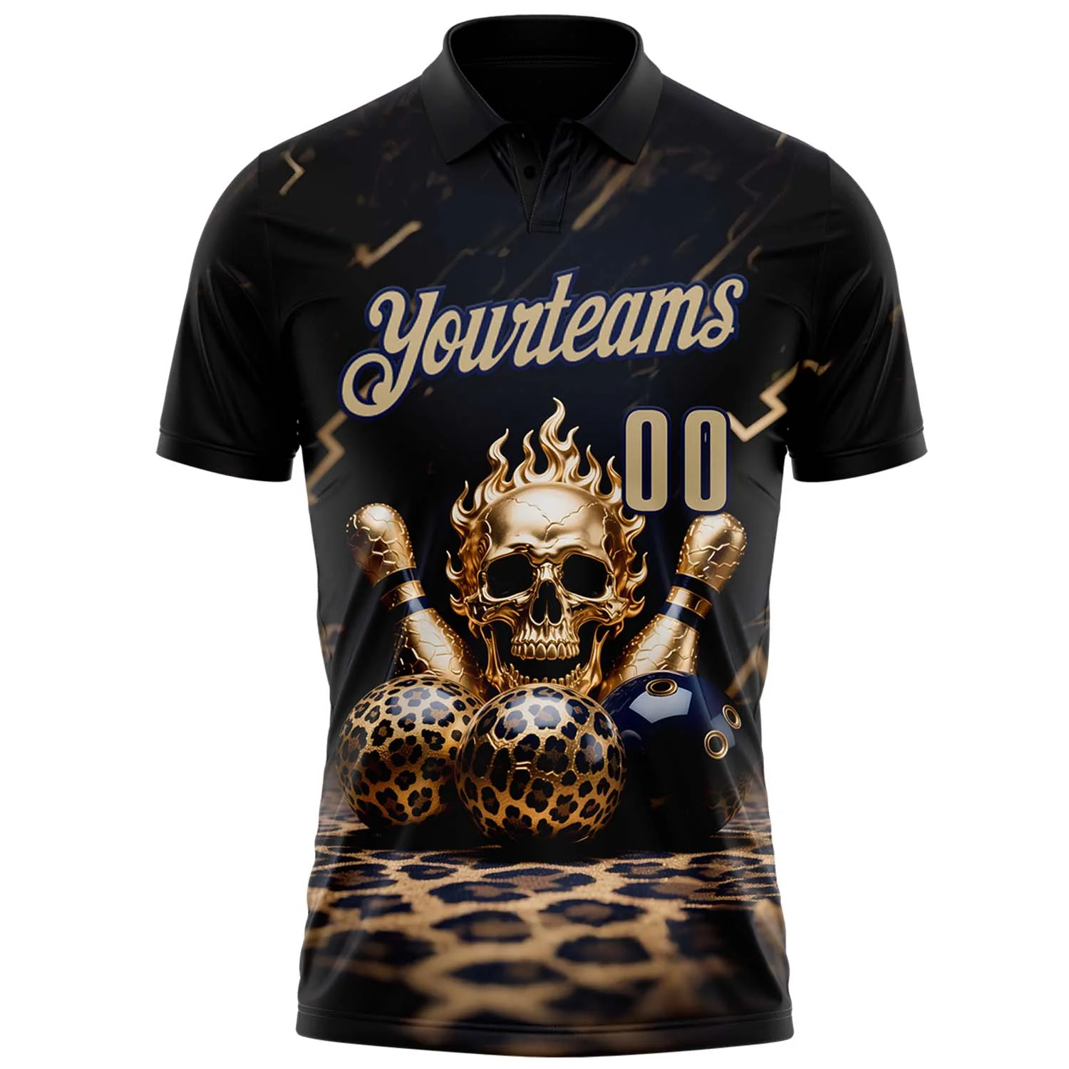 Custom Black Vegas Gold-Navy 3D Leopard Print Metal Skull Bowling Performance Polo Shirt - Image 2