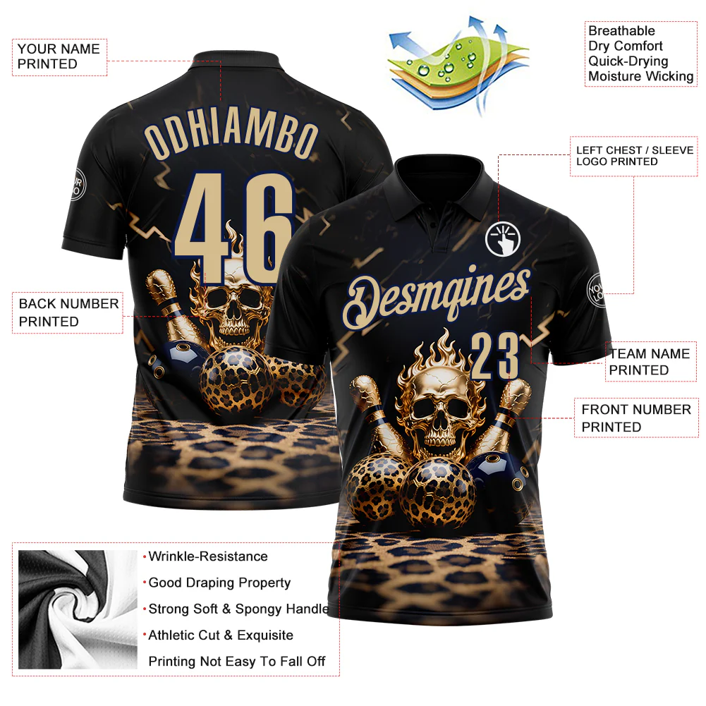 Custom Black Vegas Gold-Navy 3D Leopard Print Metal Skull Bowling Performance Polo Shirt - Image 3