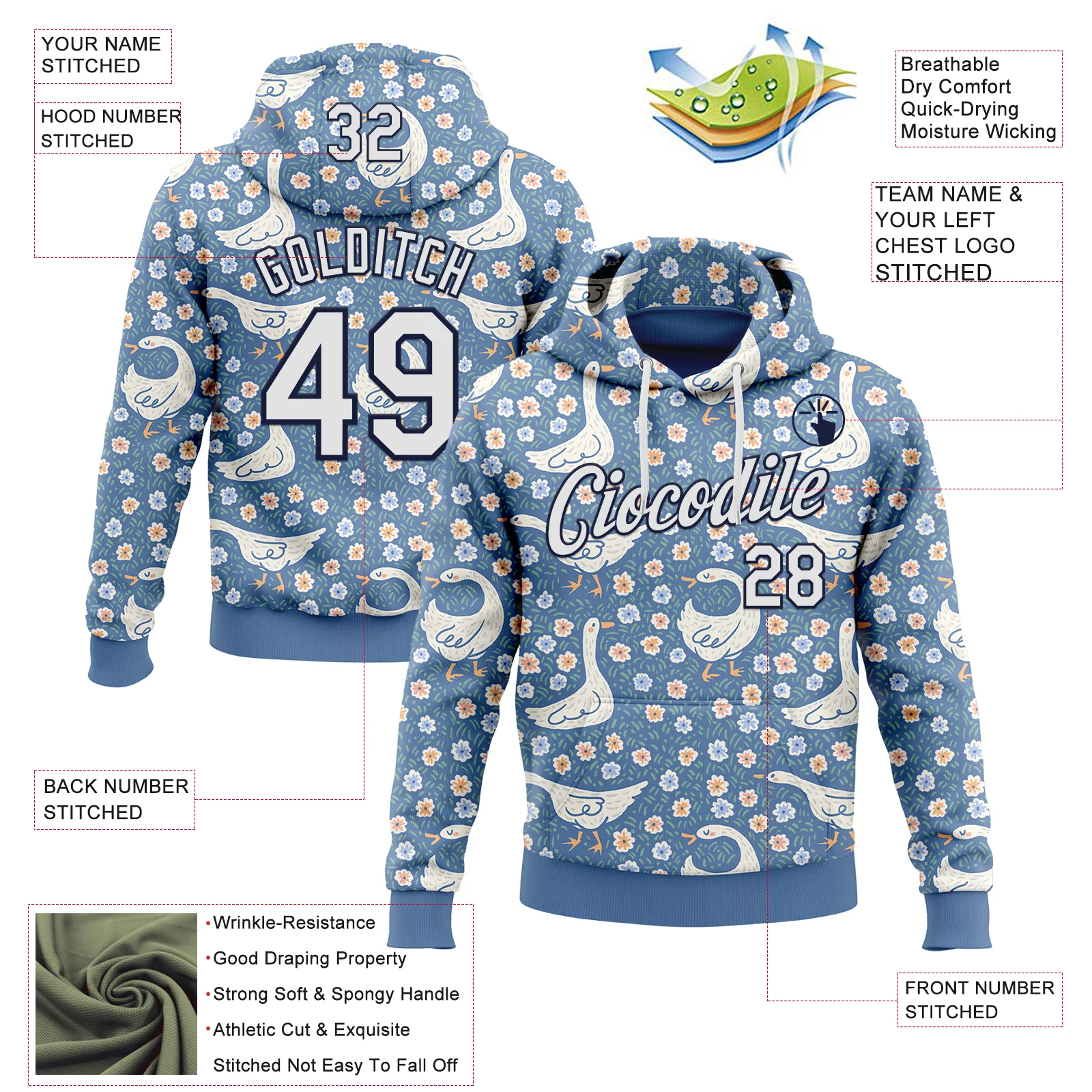 Custom Stitched Blue White-Navy 3D Emi Bee Meadow Goose Sports Pullover Sweatshirt Hoodie - Image 2