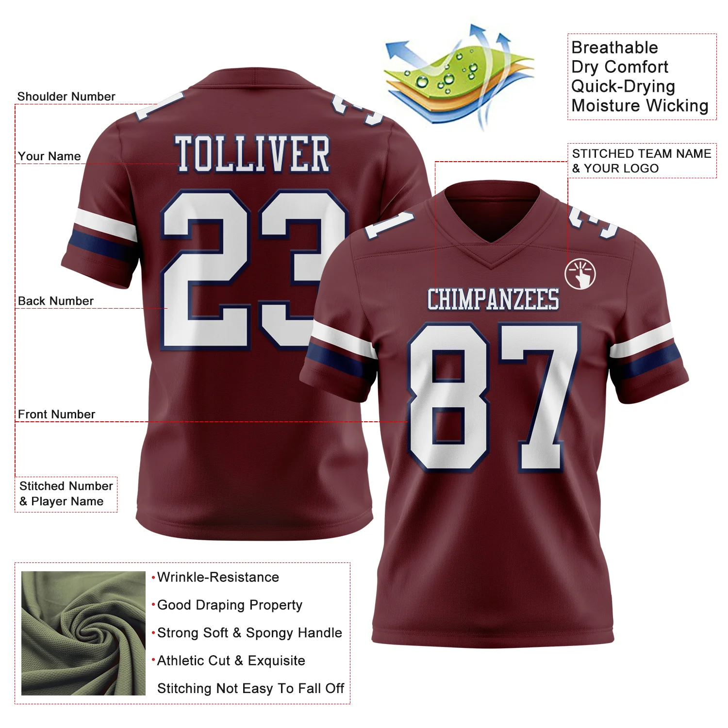 Custom Burgundy White-Navy Authentic Football Jersey - Image 3