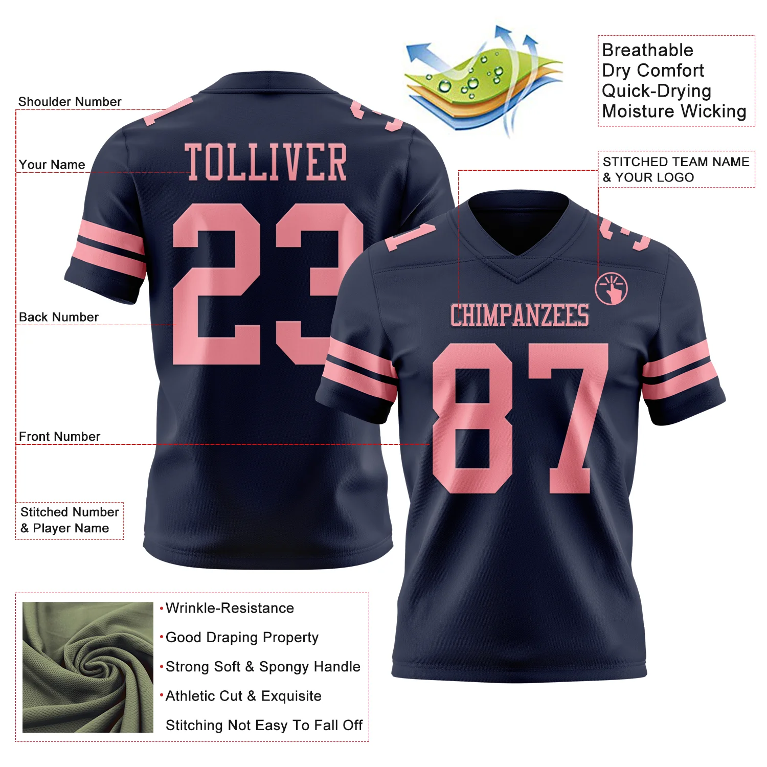 Custom Navy Medium Pink Authentic Football Jersey - Image 3