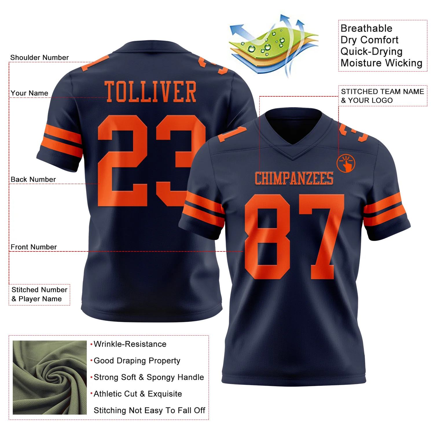 Custom Navy Orange Authentic Football Jersey - Image 3