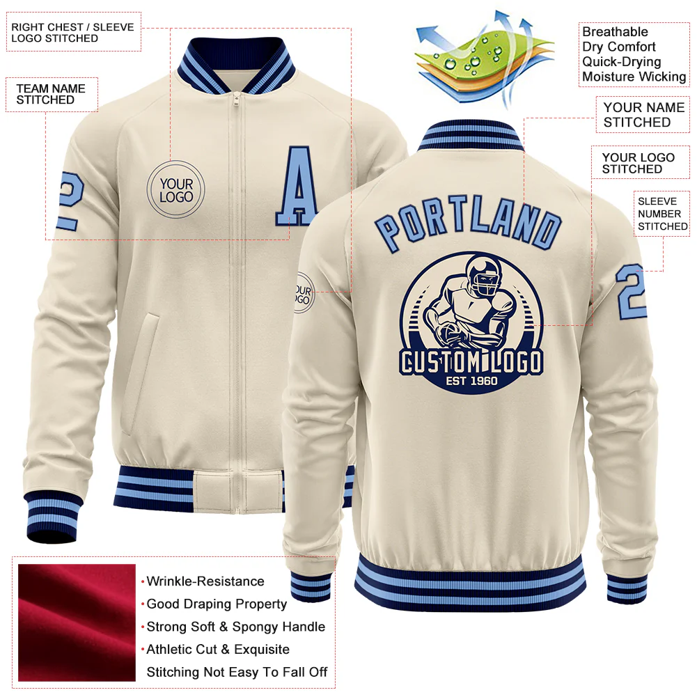 Custom Cream Light Blue-Navy Bomber Varsity Letterman Zipper Jacket - Image 4