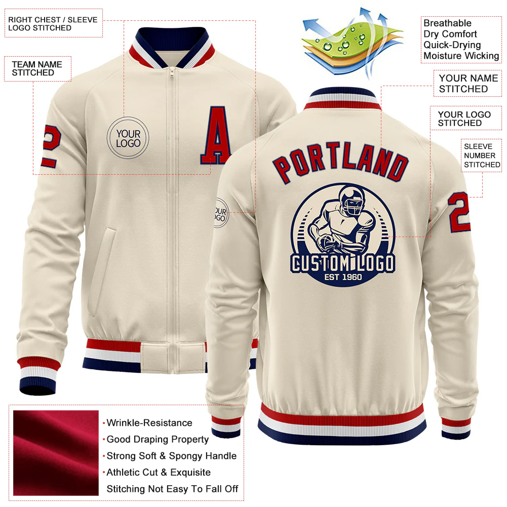 Custom Cream Red Navy-White Bomber Varsity Letterman Zipper Jacket - Image 4